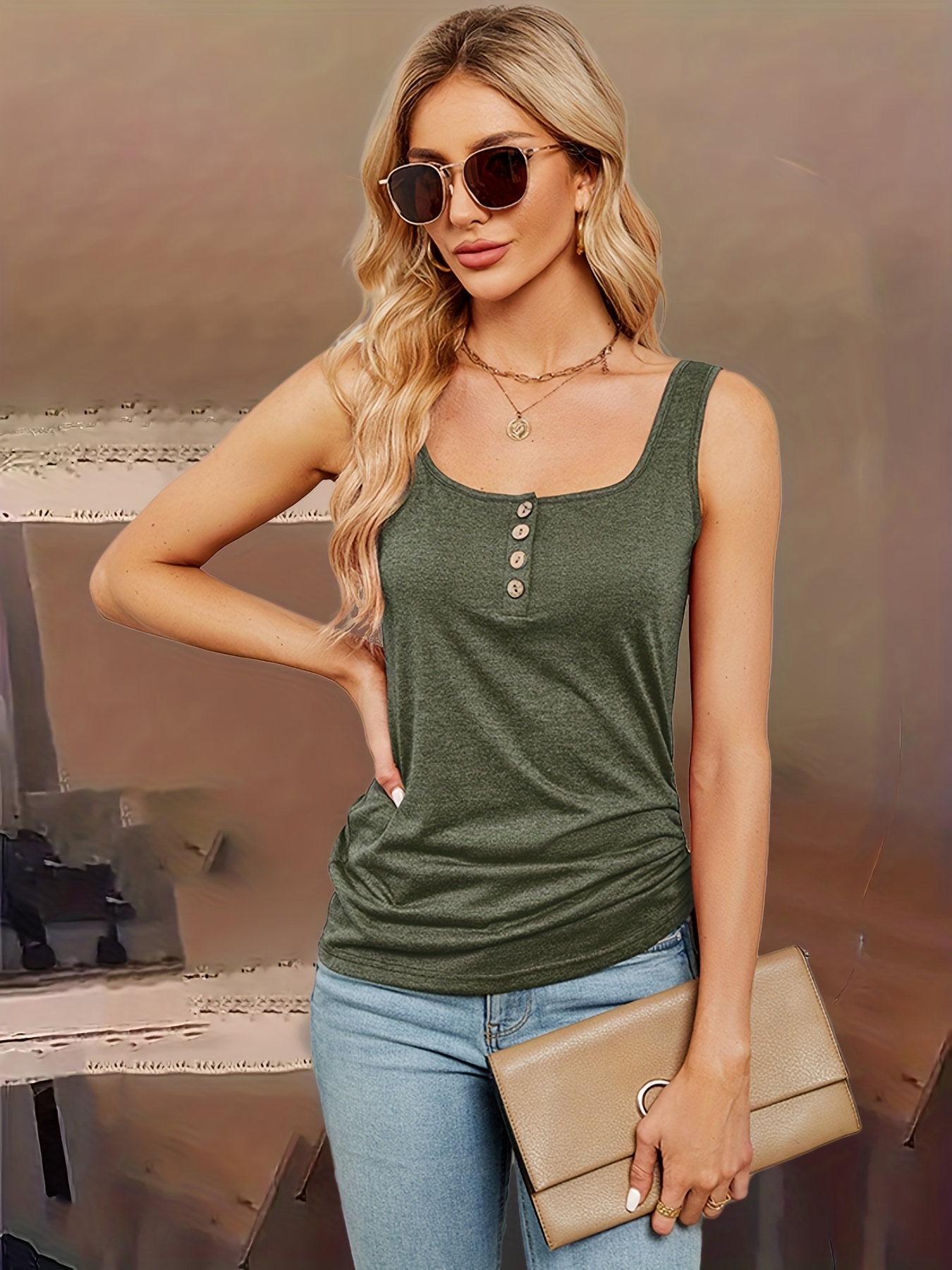 Solid Drawstring Tank Top Button Front Casual Sleeveless Top - Temu Canada