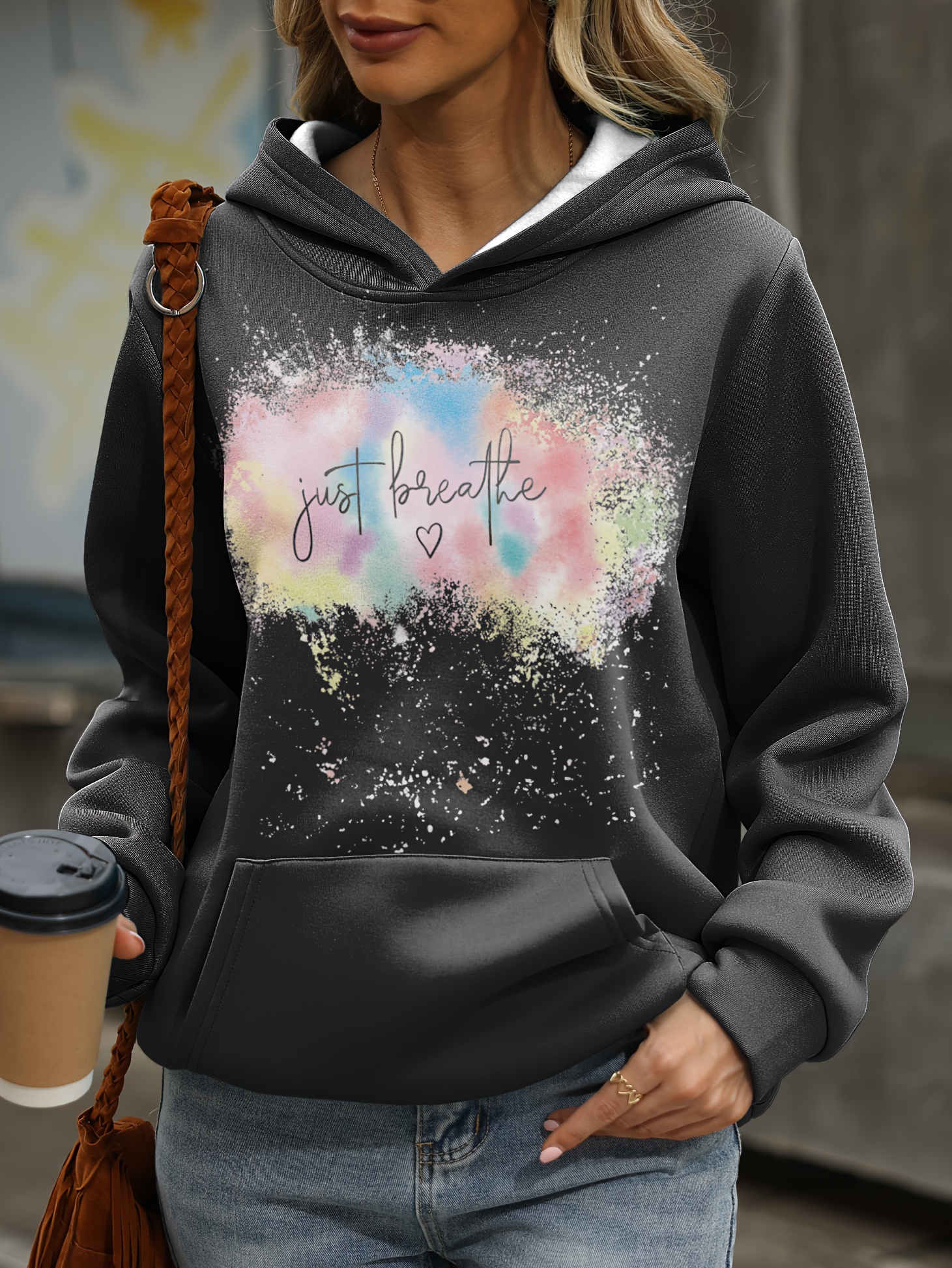 Breathe Letter Print Hoodies Casual Kangaroo Pocket Long Temu