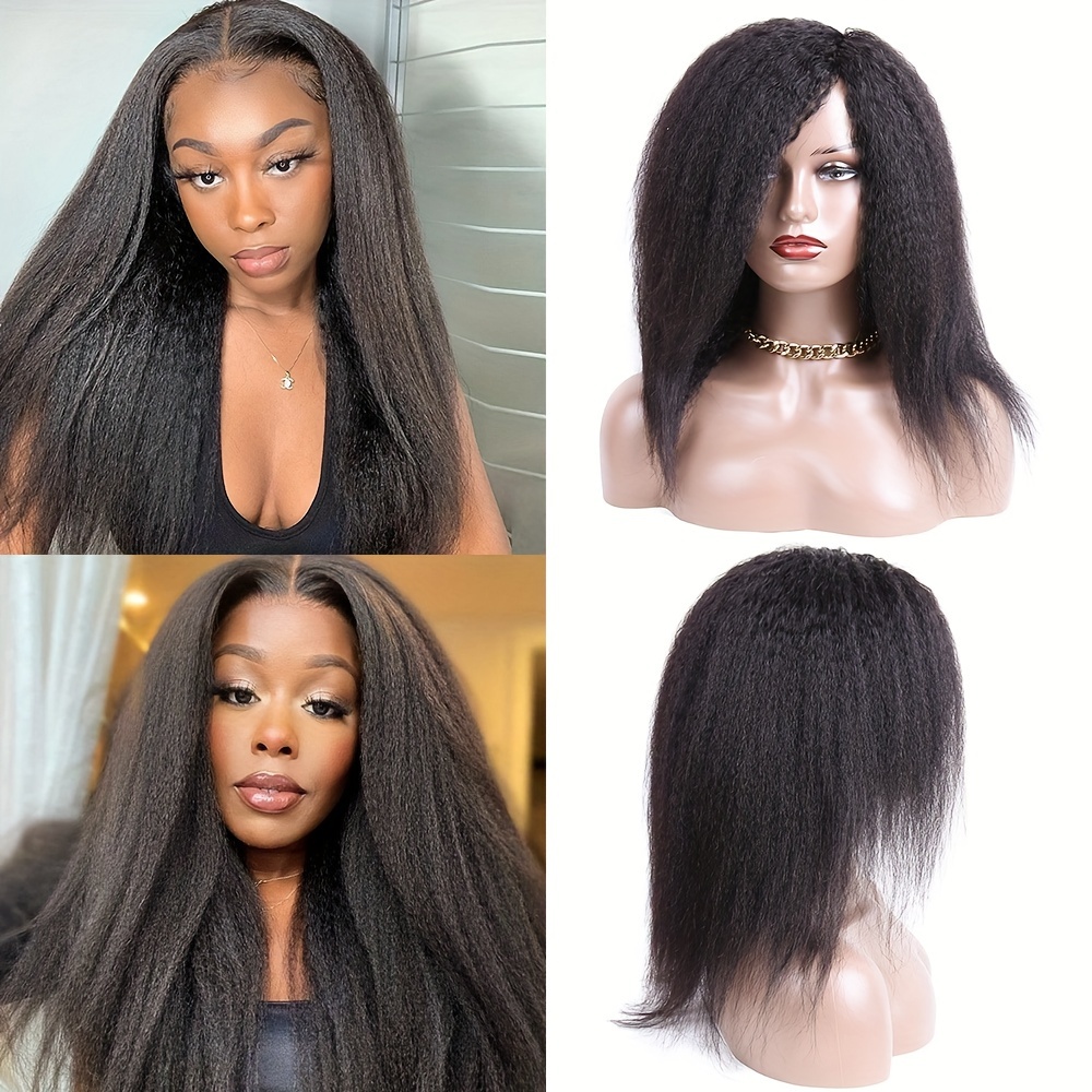 Short Yaki Human Hair Wigs With Bangs None Lace Wig Natural Black Color Half Wigs Human Hair Kinky Straight Wigs For Women 150