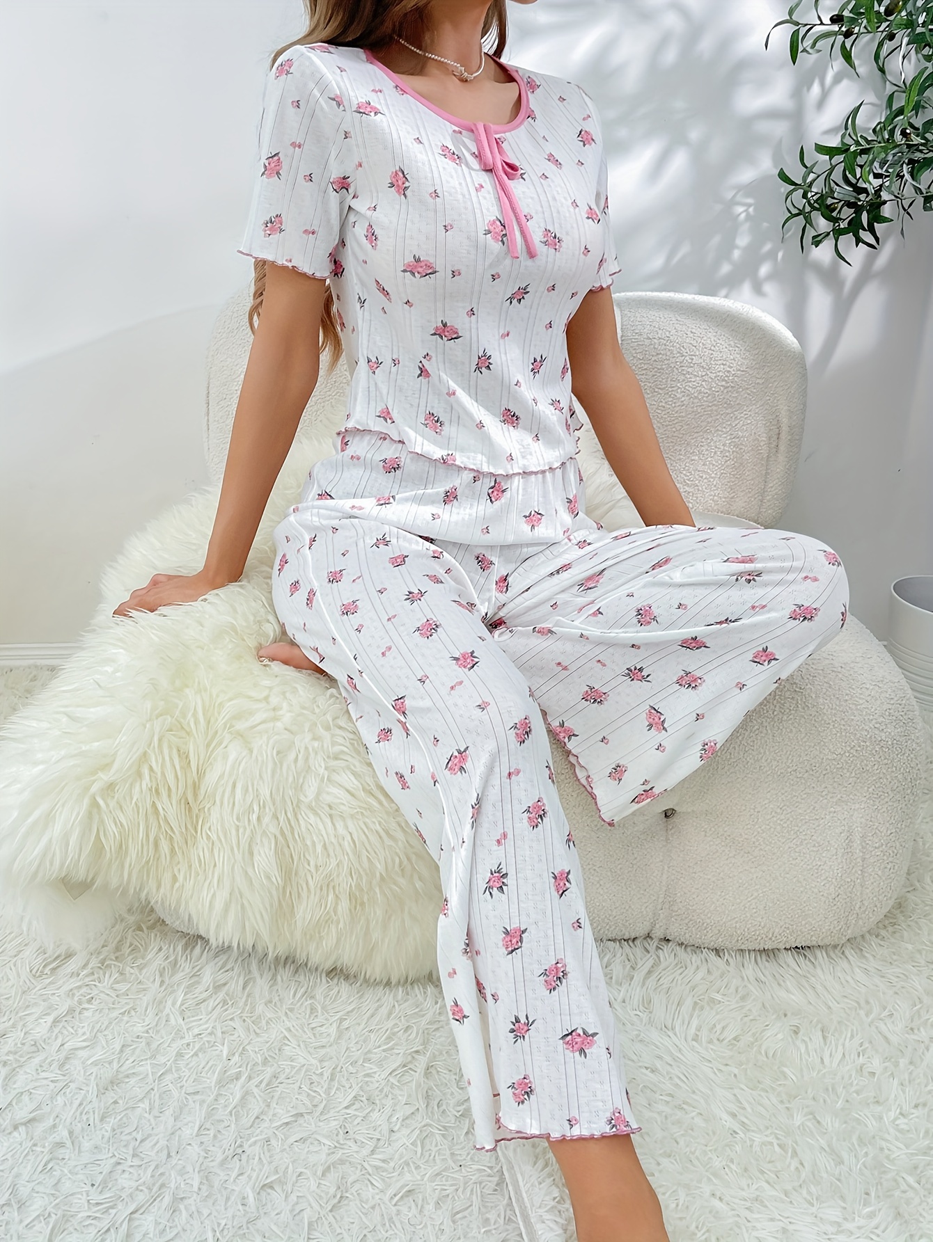 White Ditsy Heart Jersey Lace Trim Short Pj Set