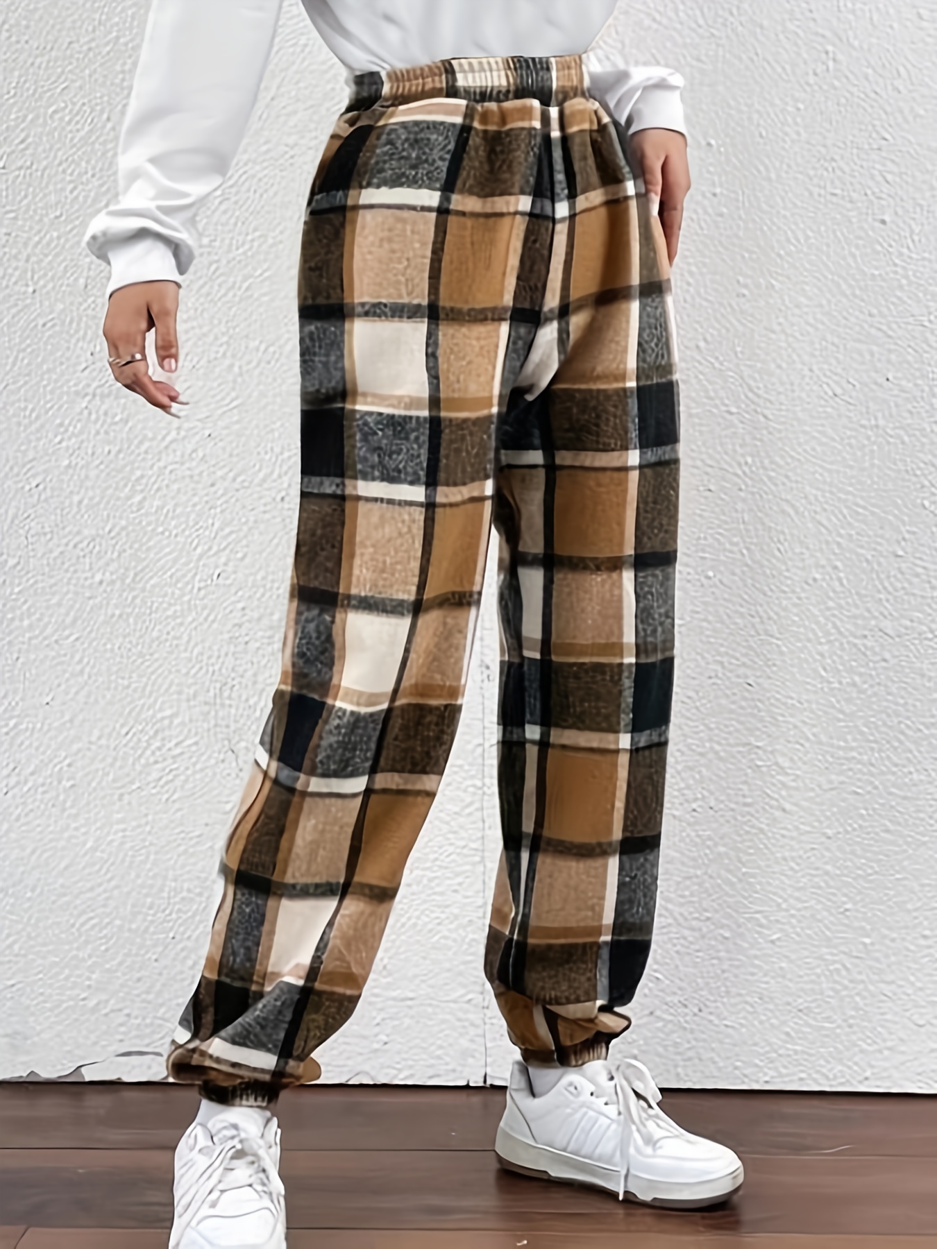 Pantalones jogger de cintura elástica con estampado de cuadros, pantalones  térmicos casuales para otoño e invierno, ropa de mujer