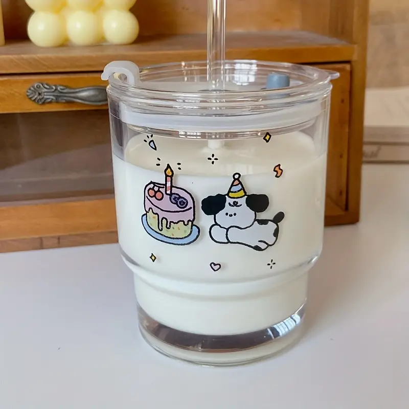 1pc, Glass Cup With Lid And Straw, 400ml Cartoon Puppy Water Cup, Cute  Kawaii Iced Coffee Cups, Drinking Glasses For Juice, Milk, Cocktail, And  More, Summer Winter Drinkware - Home & Kitchen 
