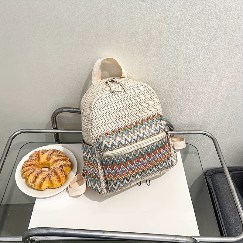 Colorful Woven Straw Backpack Colorblock Summer Beach Bag - Temu