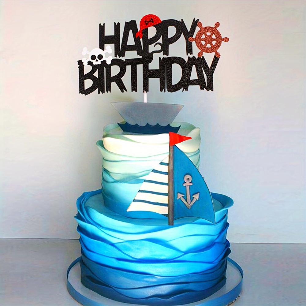 Pirate Skull Boat Rudder Happy Birthday Cake Topper Tag Nautical