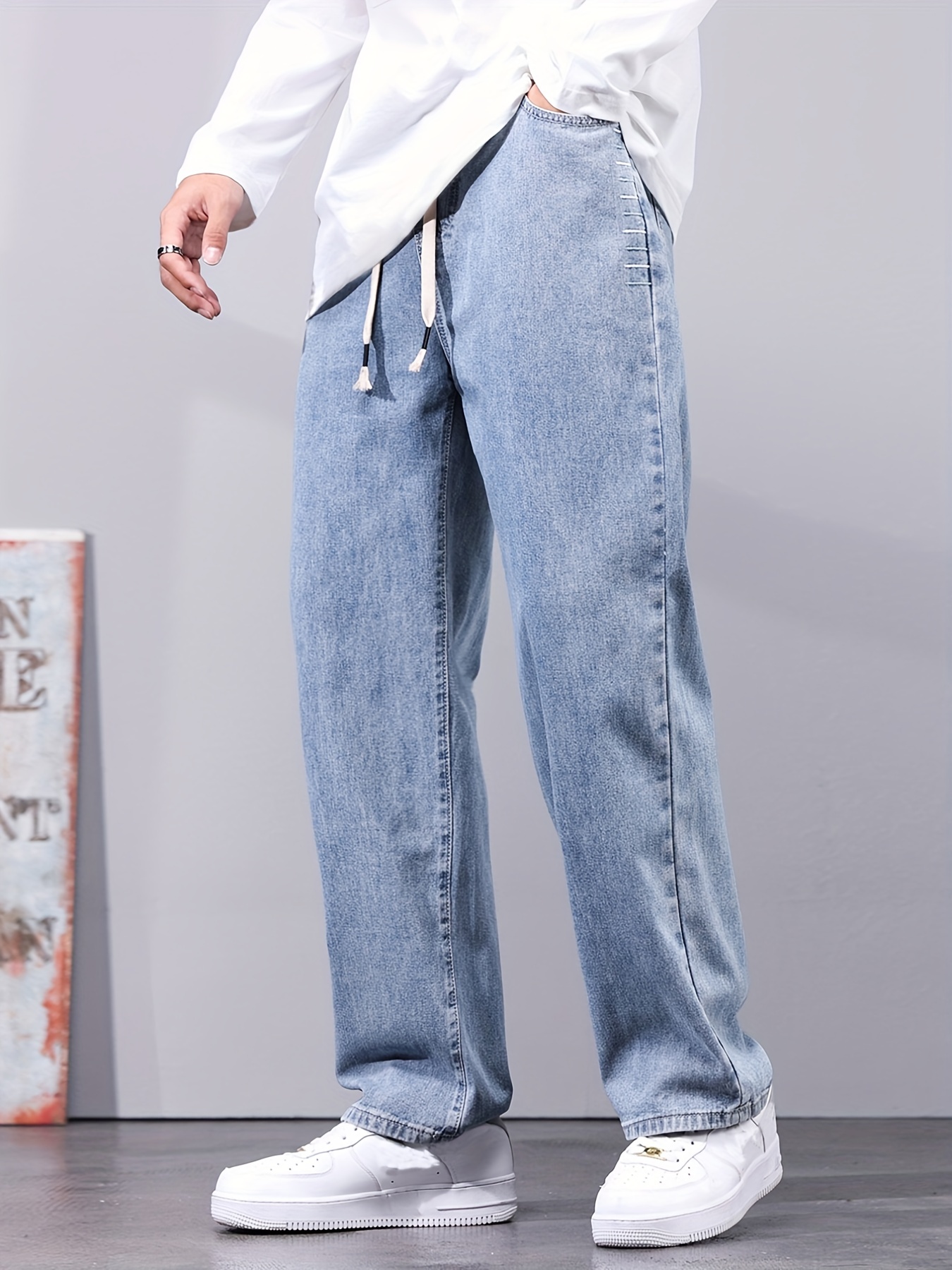 Men's Trendy Solid Straight Leg Jeans Loose Men's Denim - Temu
