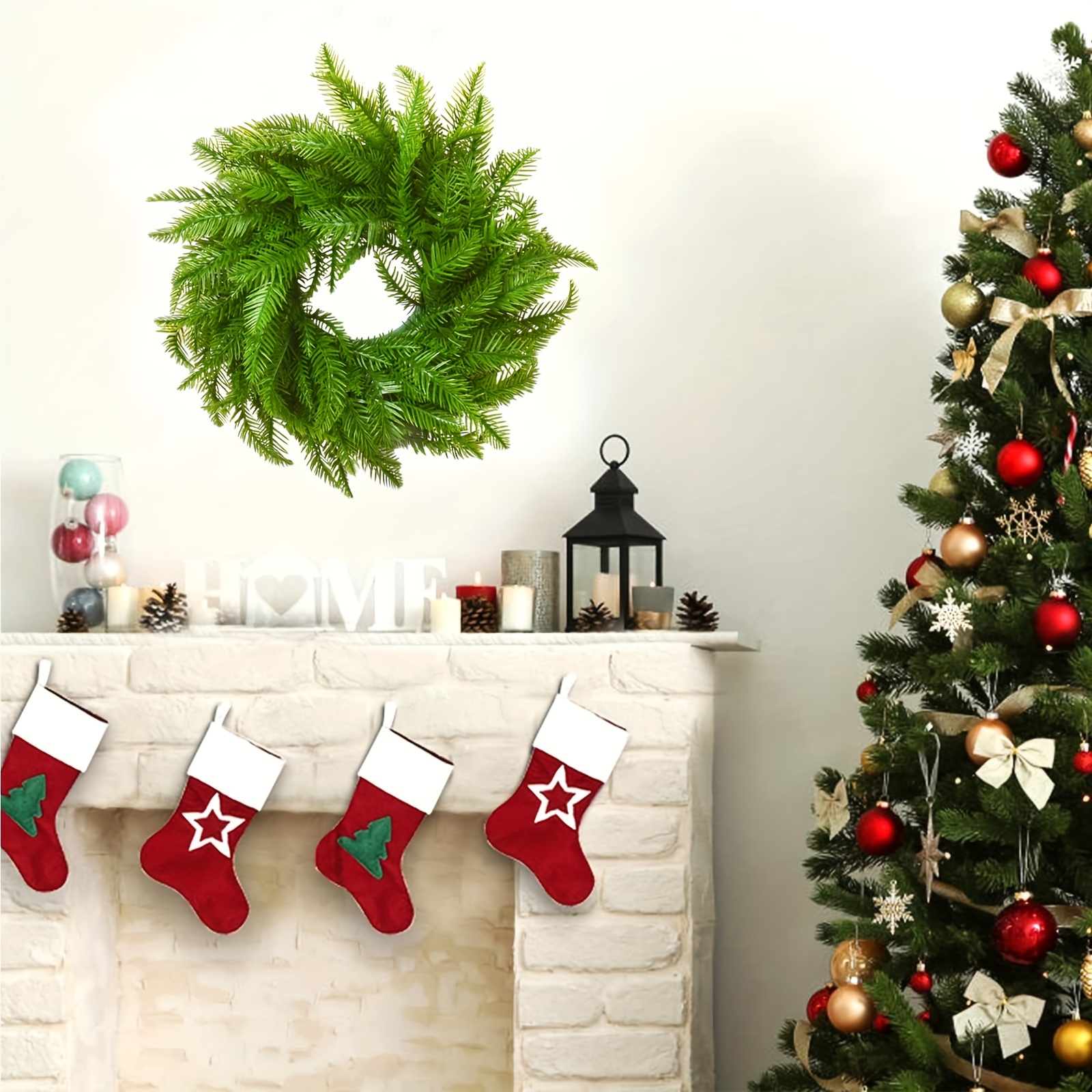1pc artificial green pine needle wreath suitable for christmas decor plastic simulation green plant for family door front fireplace hanging indoor and outdoor christmas decorations