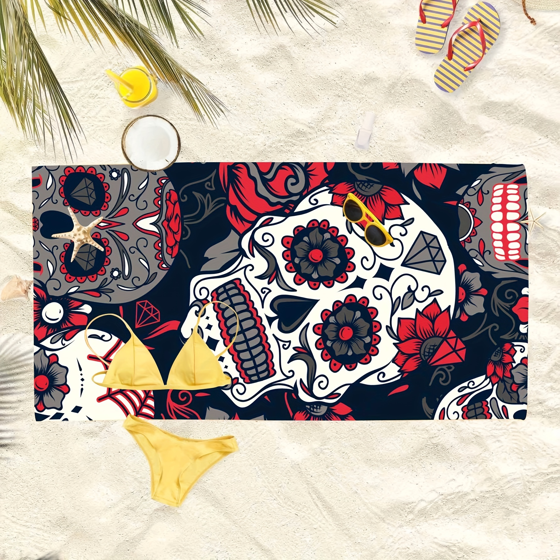Microfiber Beach Towel Large Absorbent Calavera & Flower Print