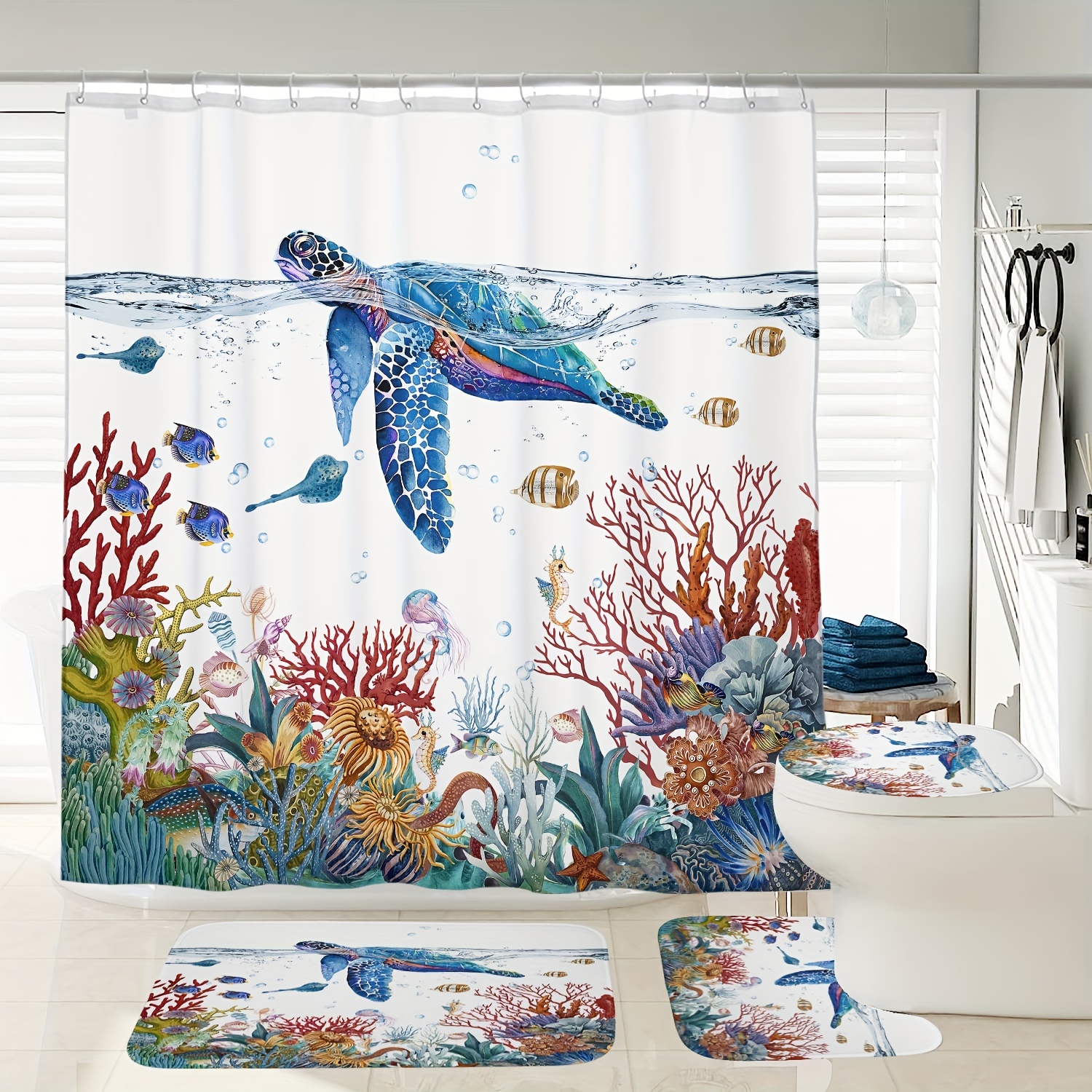 Ocean Theme Shower Curtain Set Blue Ocean Sea Turtles - Temu Canada