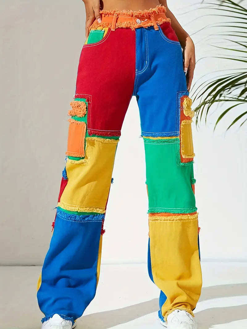 Colorblock * Trim Straight Jeans, Loose Fit High Waist * Versatile Denim  Pants, Women's Denim Jeans & Clothing