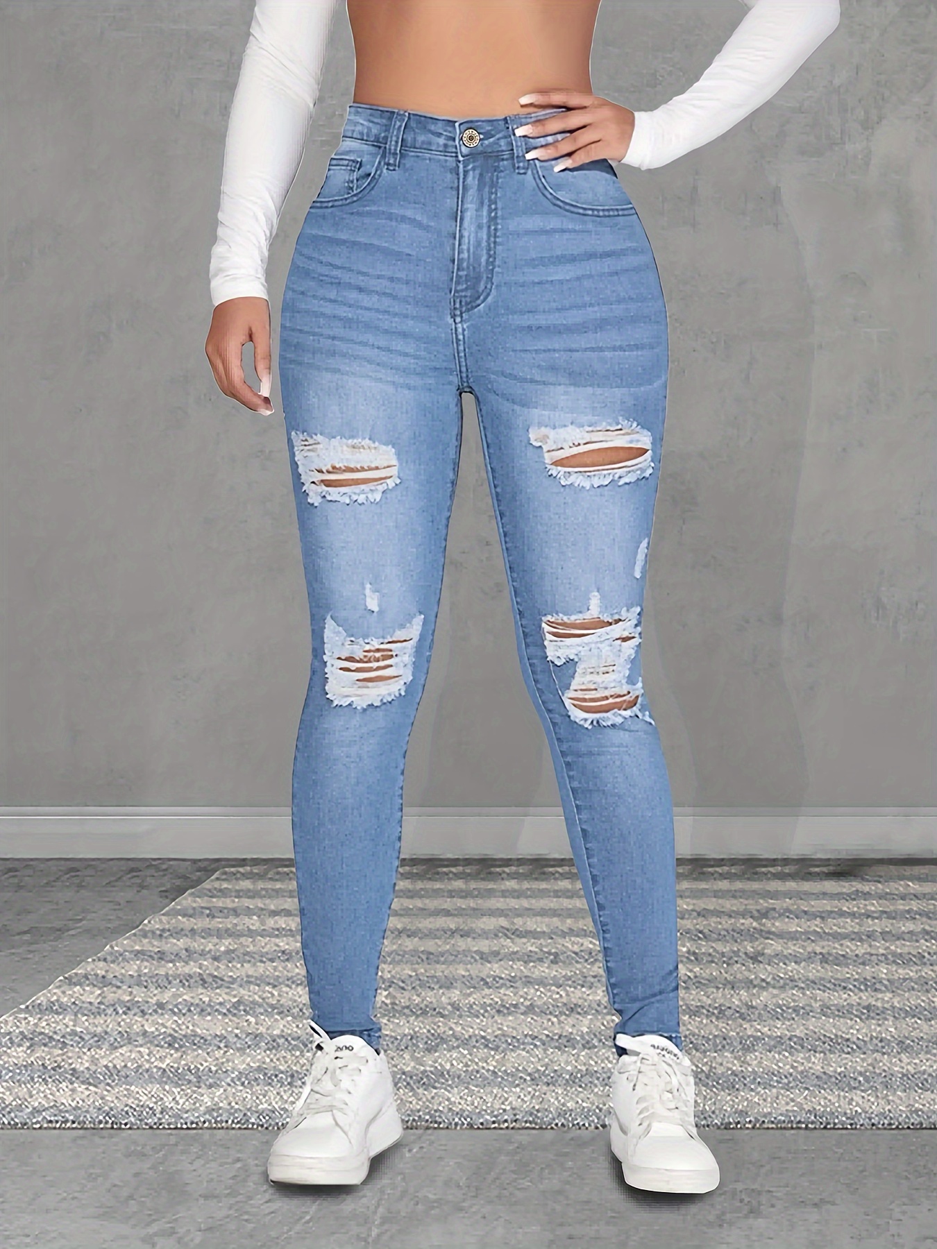 Plain Ripped Holes Skinny Jeans, Slim Fit Distressed Slight Stretch Ankle  Length Jeans, Women's Denim Jeans & Clothing