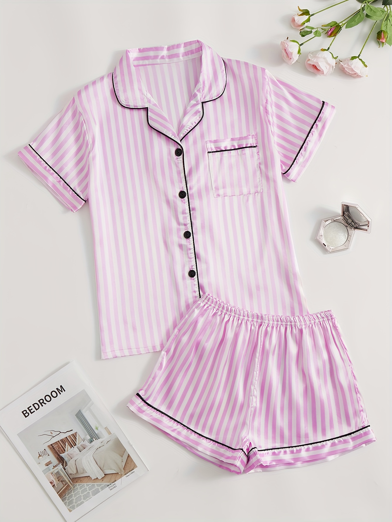 Stripe Print Pajama Set Short Sleeve Collared Top Elastic - Temu