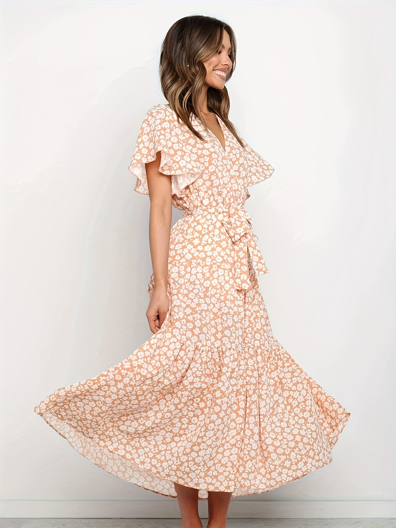 Floral Print Ruffle Sleeve Dress, Elegant V Neck Midi Dress, Women's Clothing