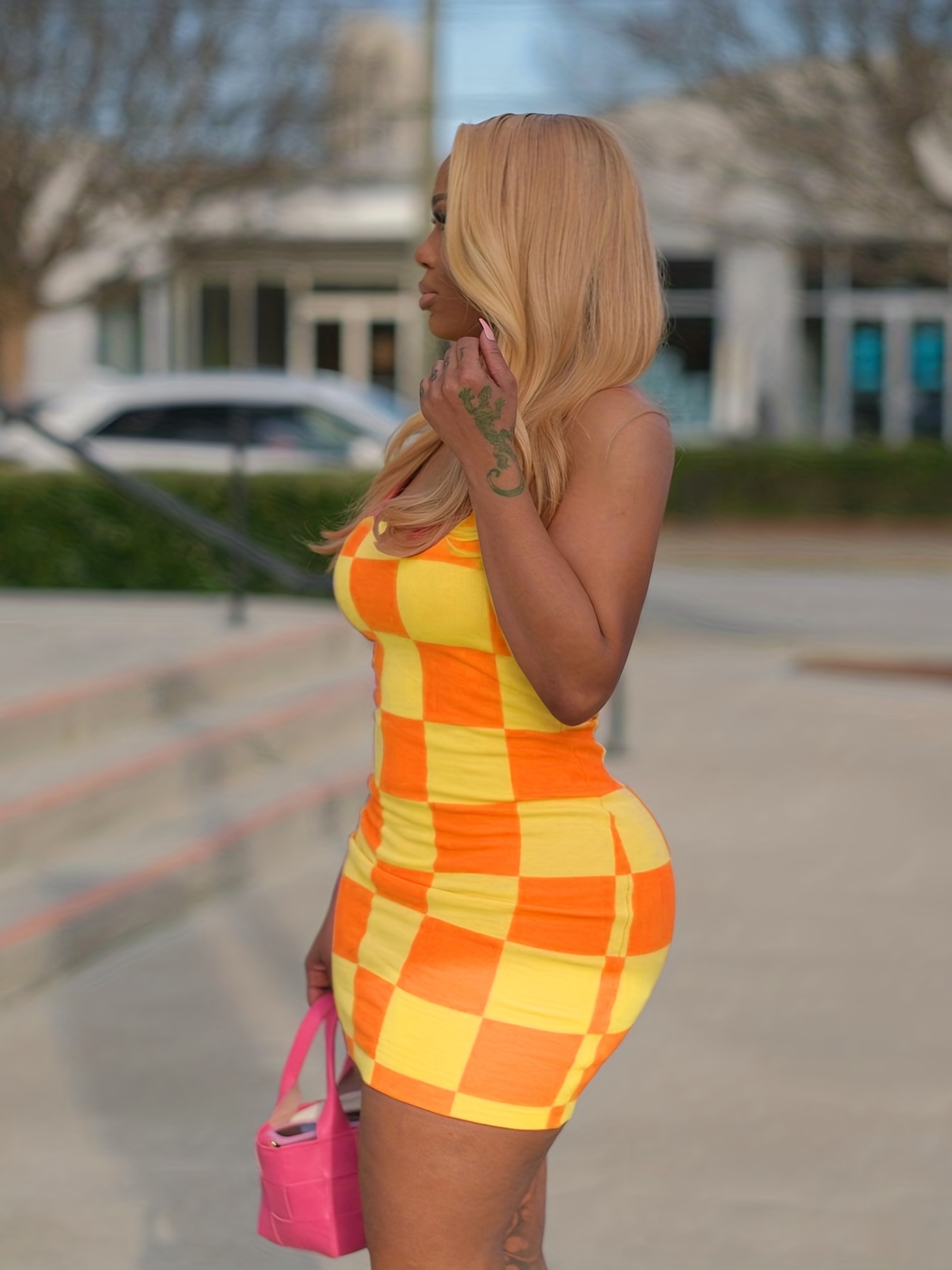 yellow plaid bodycon dress