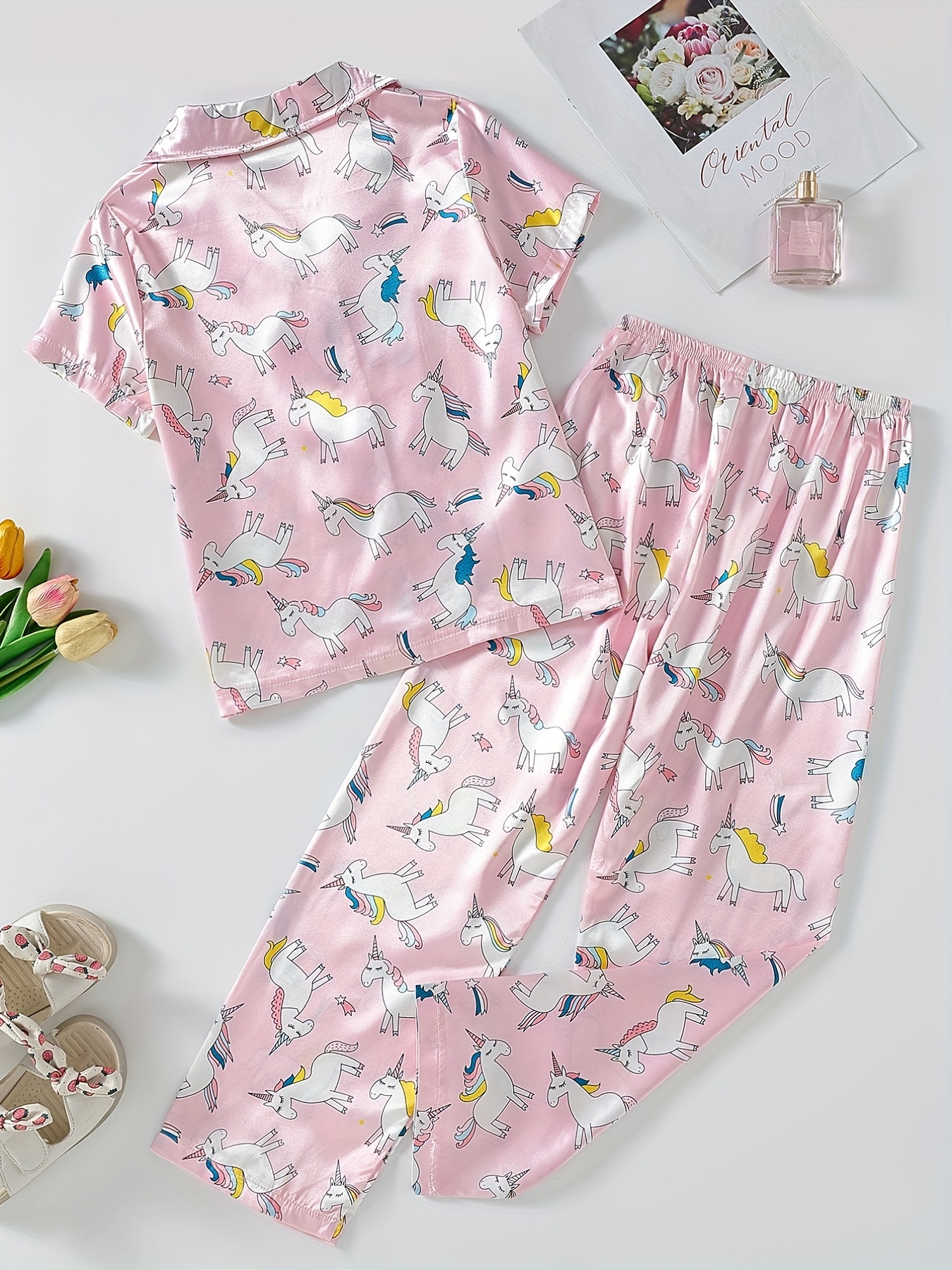 Caticorn Riding The Unicorn on The Rainbow Women's Pajamas Set Button Down  Sleepwear PJ Set Loungewear Night Suit with Pocket 
