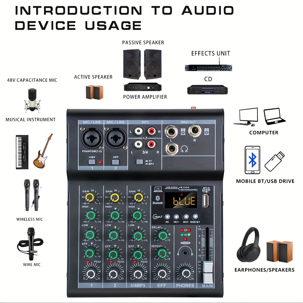 4-channel Usb Audio Mixer With Wireless Microphone Studio Sound Mixers With  Bt Rec Dj Console Mixing For Karaoke - Temu Germany