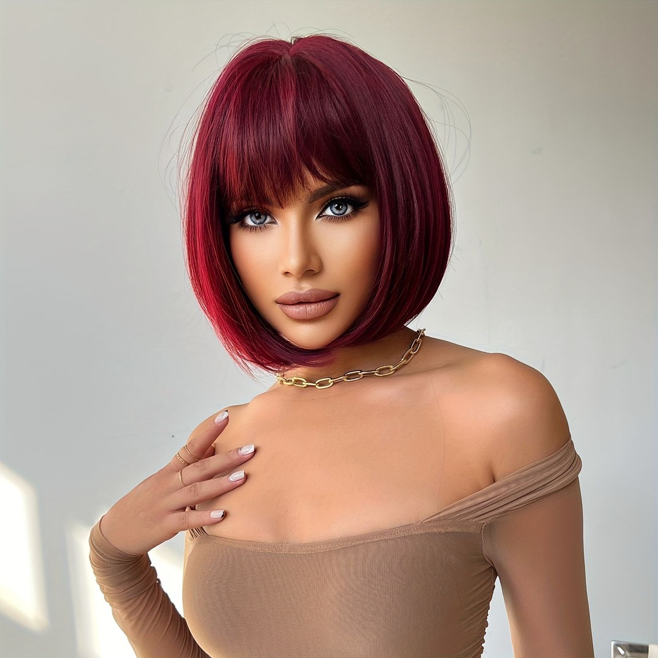 Short Straight Bob Burgundy Wine Red Hair Wigs With Bangs Heat Resistant  Fiber Fluffy Hair | Free Shipping For New Users | Temu