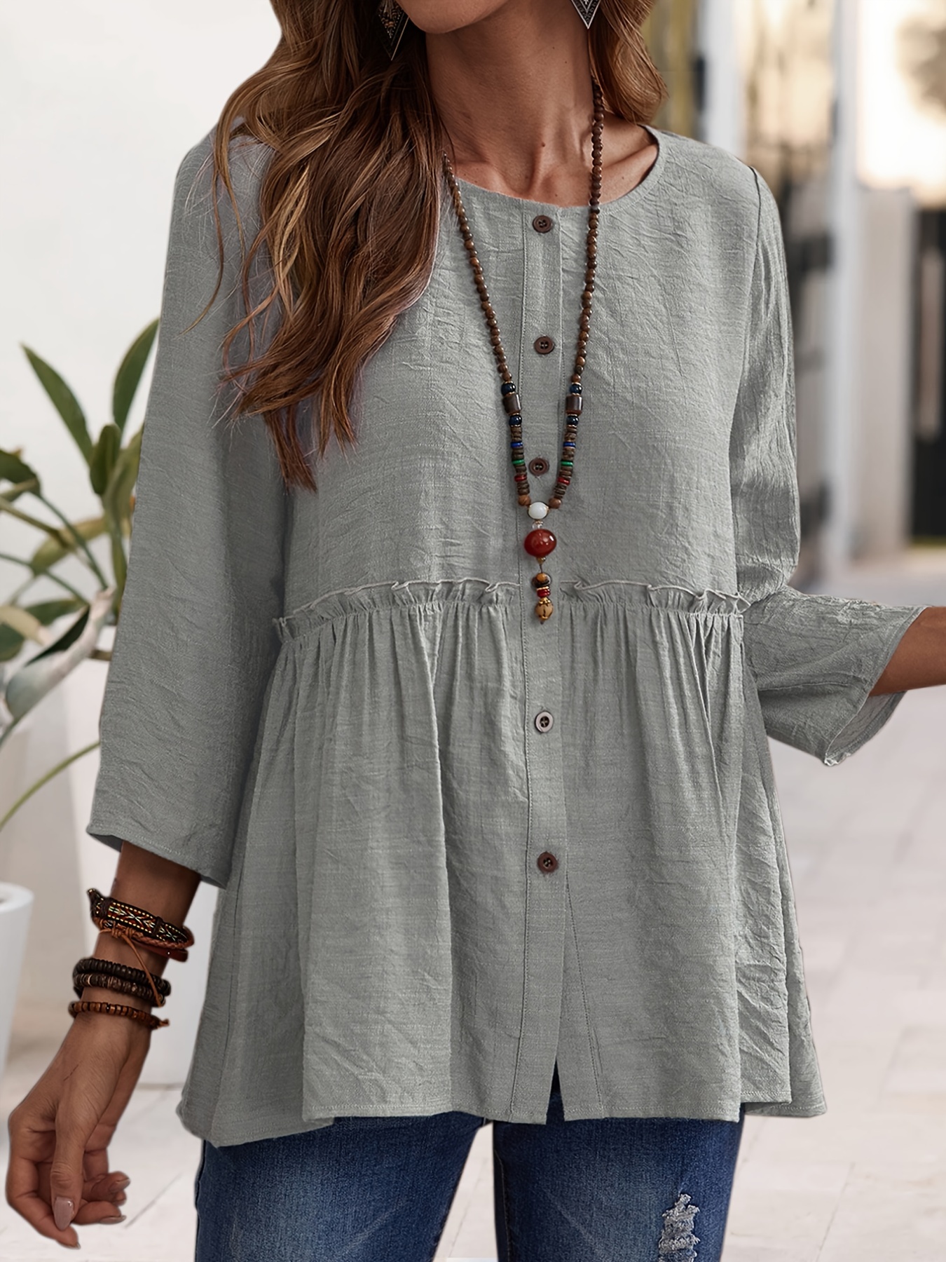 Women's Clothing | Casual Crew Neck Shirts | Loose 3 4 Sleeve Fashion Blouses | Vacation Tops