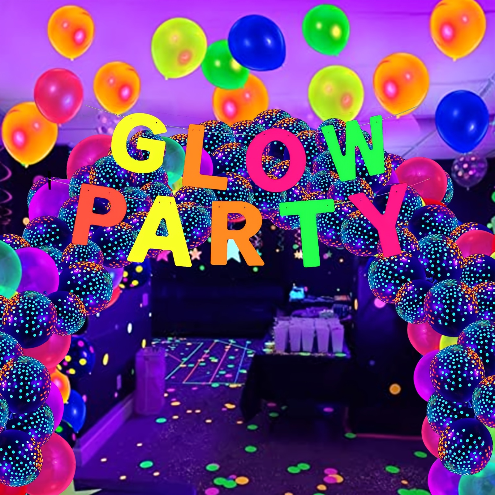 50PCS Neon Balloons Glow in the Dark Party Decoration Supplies,14.7ft Party  Streamers Glow Party Banner and UV Balloons Blacklight Party Decorations
