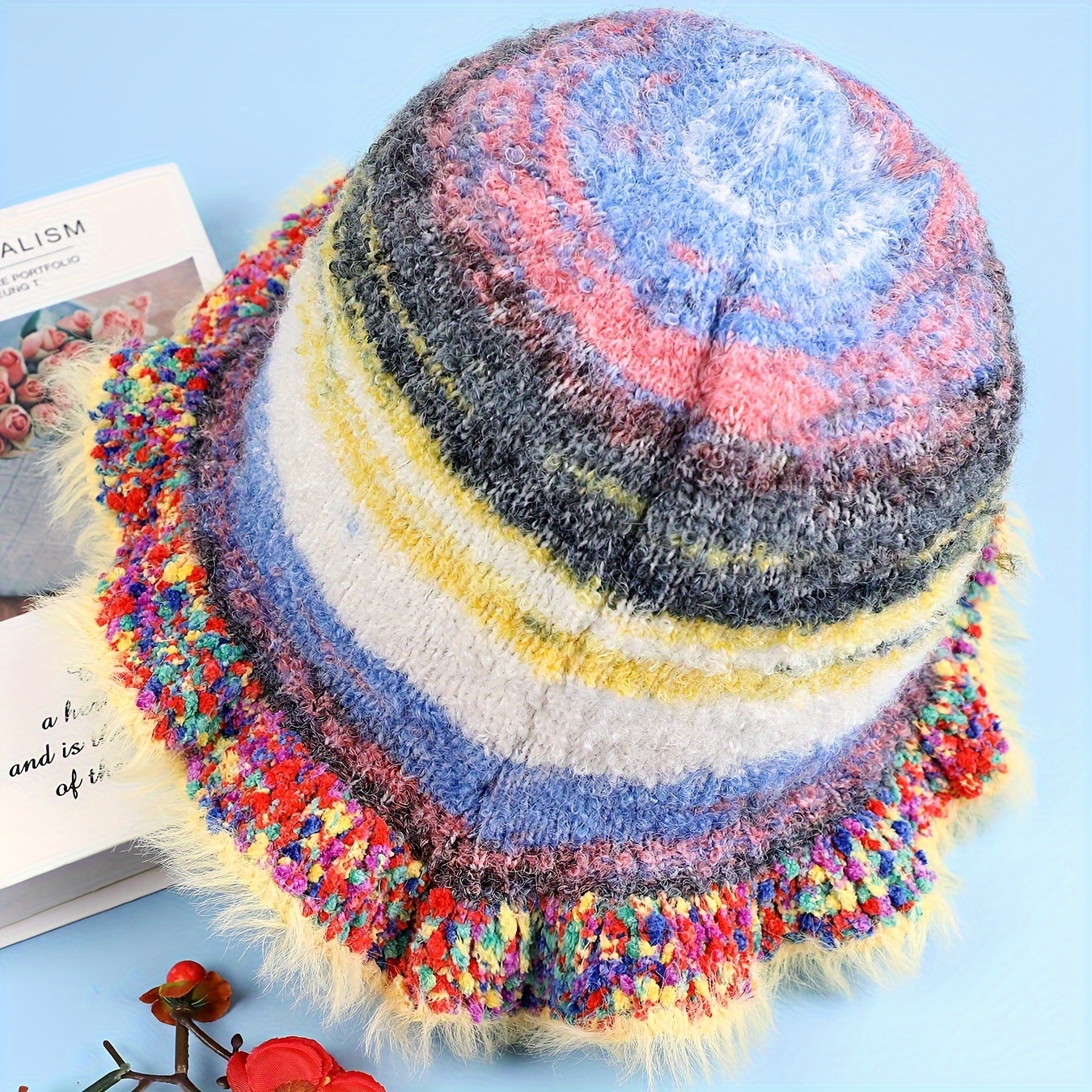 Boho Ruffles Crochet Bucket Hat Candy Color Striped Knit - Temu