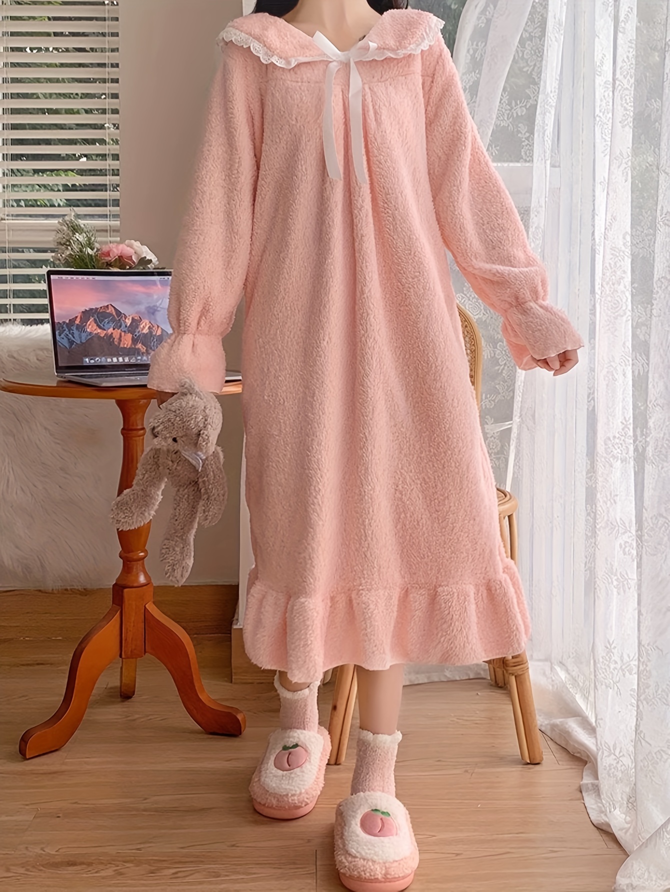 Solid Fuzzy Ruffle Nightdress Cute Long Sleeve Bow Pajama - Temu Canada