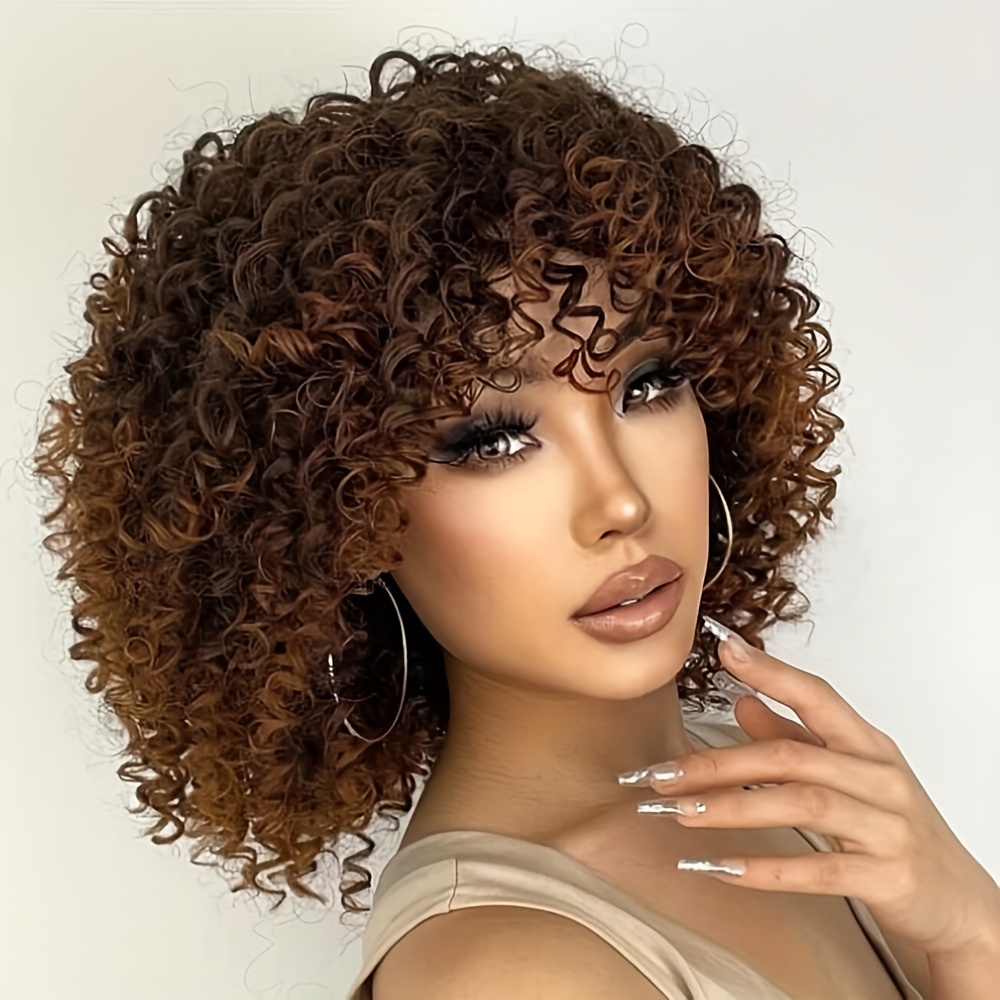 14 Inches Short Curly Afro Wig With Bangs Shoulder Length Soft Synthetic Wigs Bouncy Curly Golden Wig Afro Hair Full Wig For Women