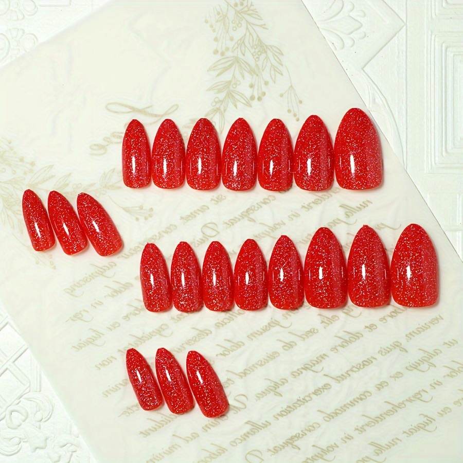 24pcs glitter press on nails medium almond flash fake nails flash red false nails glossy full cover false acrylic glue stick on nails for women girls details 2