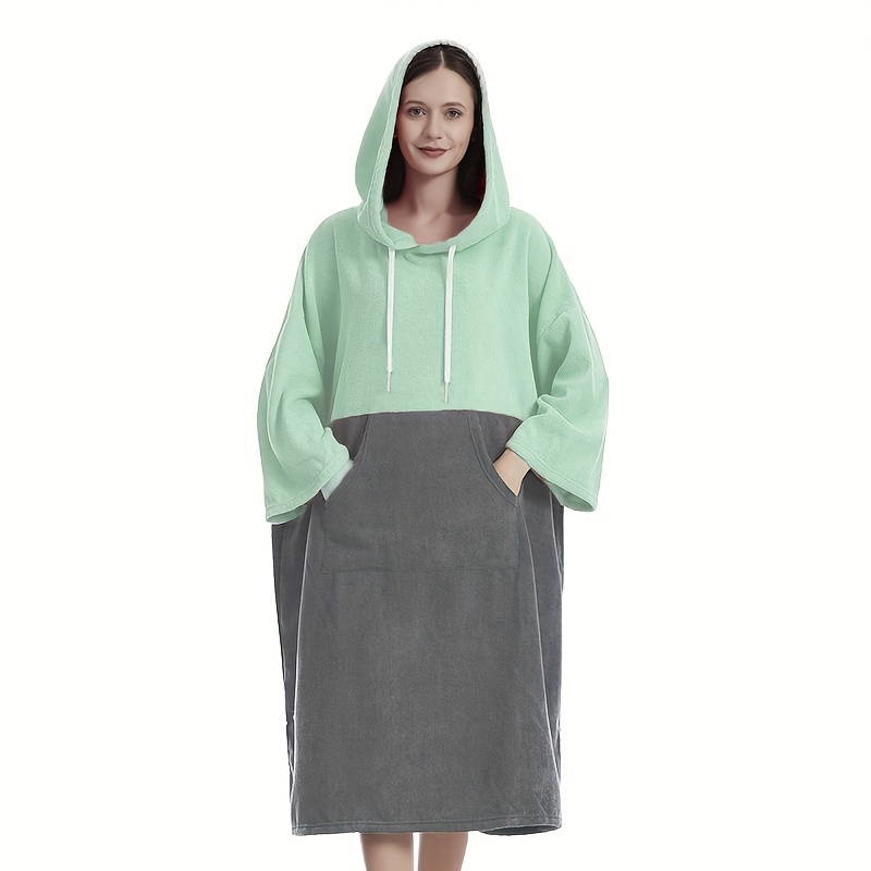 Image of 1pc Color Blocking Surf Poncho Changing Towel, Changing Robe With Hood, Hooded Design Bathrobe With Large Pocket, Bathroom Supplies
