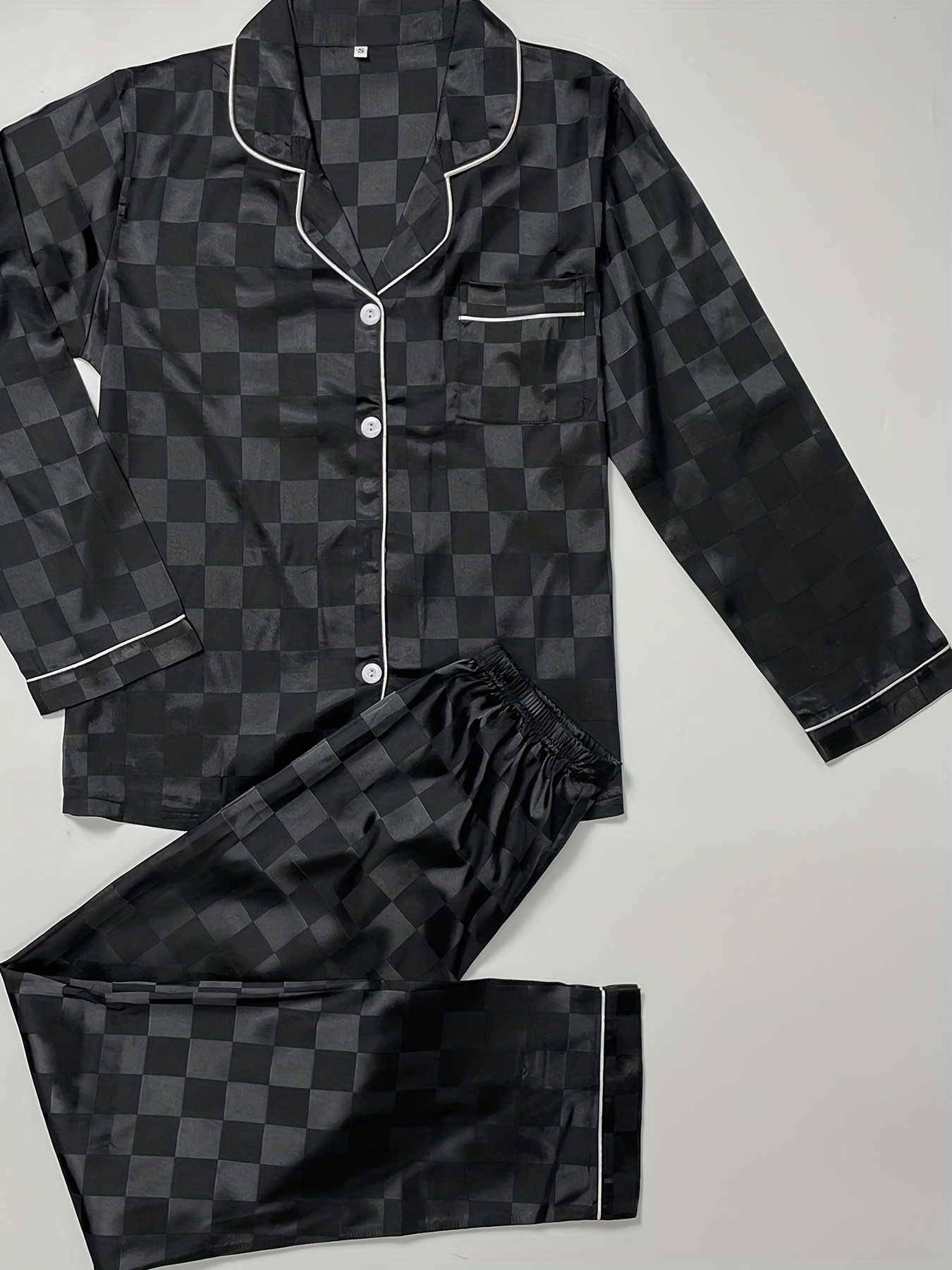 Plaid Satin Pajama Set, Long Sleeve Buttons Top & Elastic