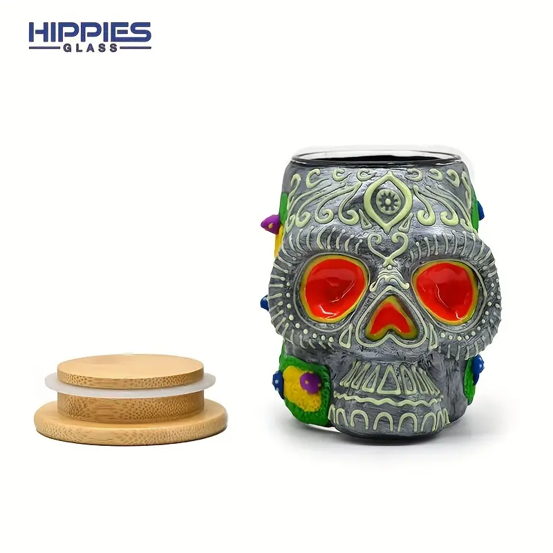 1pc glass smoking ashtray glow in dark tobacco container with luminous halloween skull head hand painted tobacco storage sealed jar with lid glass jar for smoking cigarette tobacco storage halloween christmas gift details 6