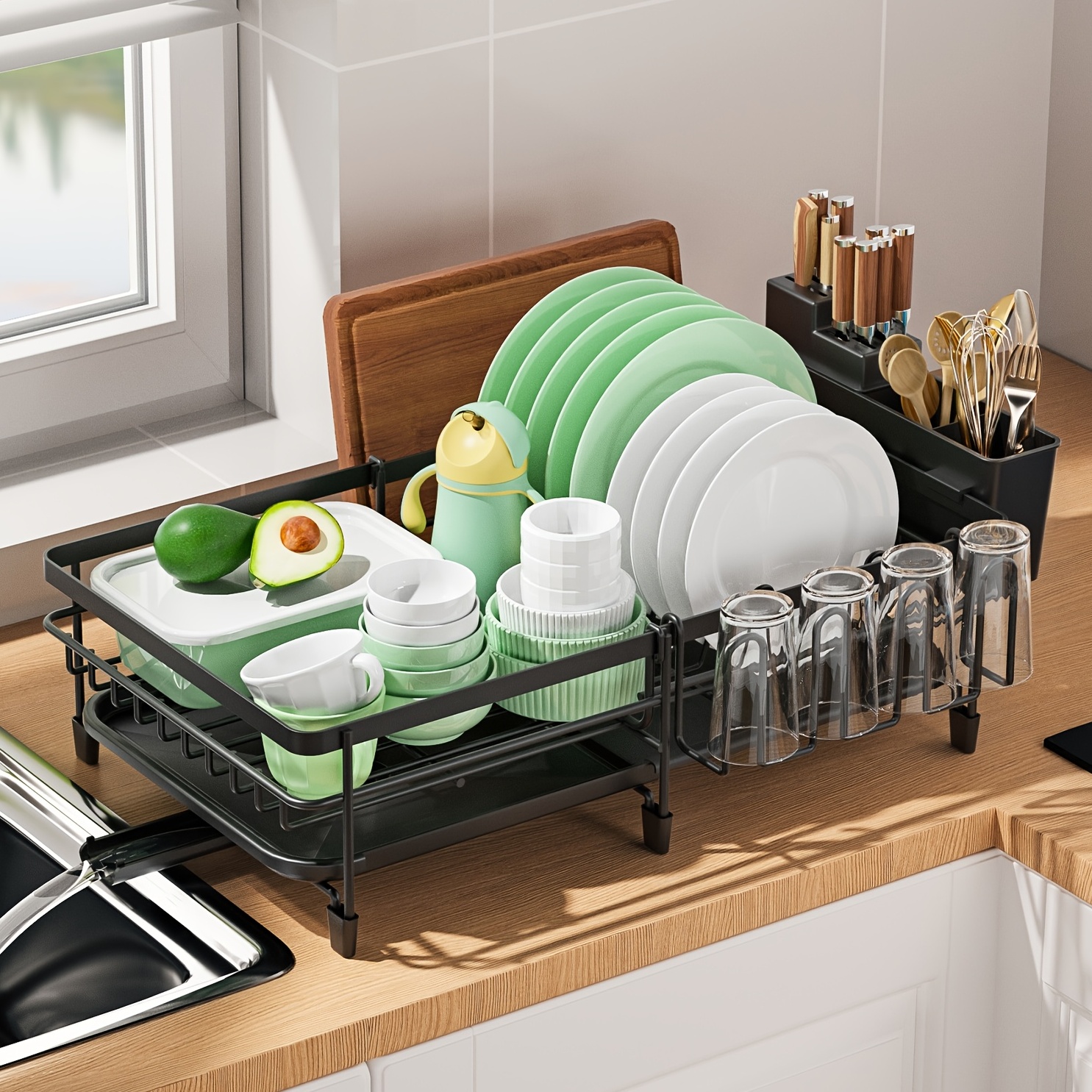 Kitsure Large Dish Drying Rack - Extendable Dish Rack, Multifunctional Dish  Rack for Kitchen Counter, Anti-Rust Drying Dish Rack with Cutlery & Cup