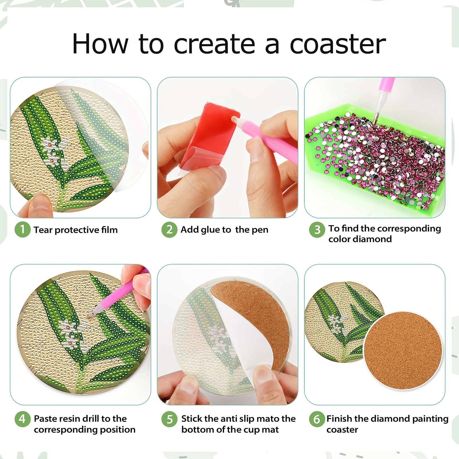 6 Pcs Leaves Diamond Art Painting Coasters Kits with Holder DIY Green Leave  Diamond Art Coaster Non Slip Coaster for Adults Diamond Painting Kits
