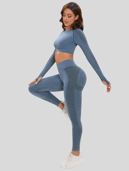 Women's Color Block Workout Set Long Sleeve Yoga Top High - Temu