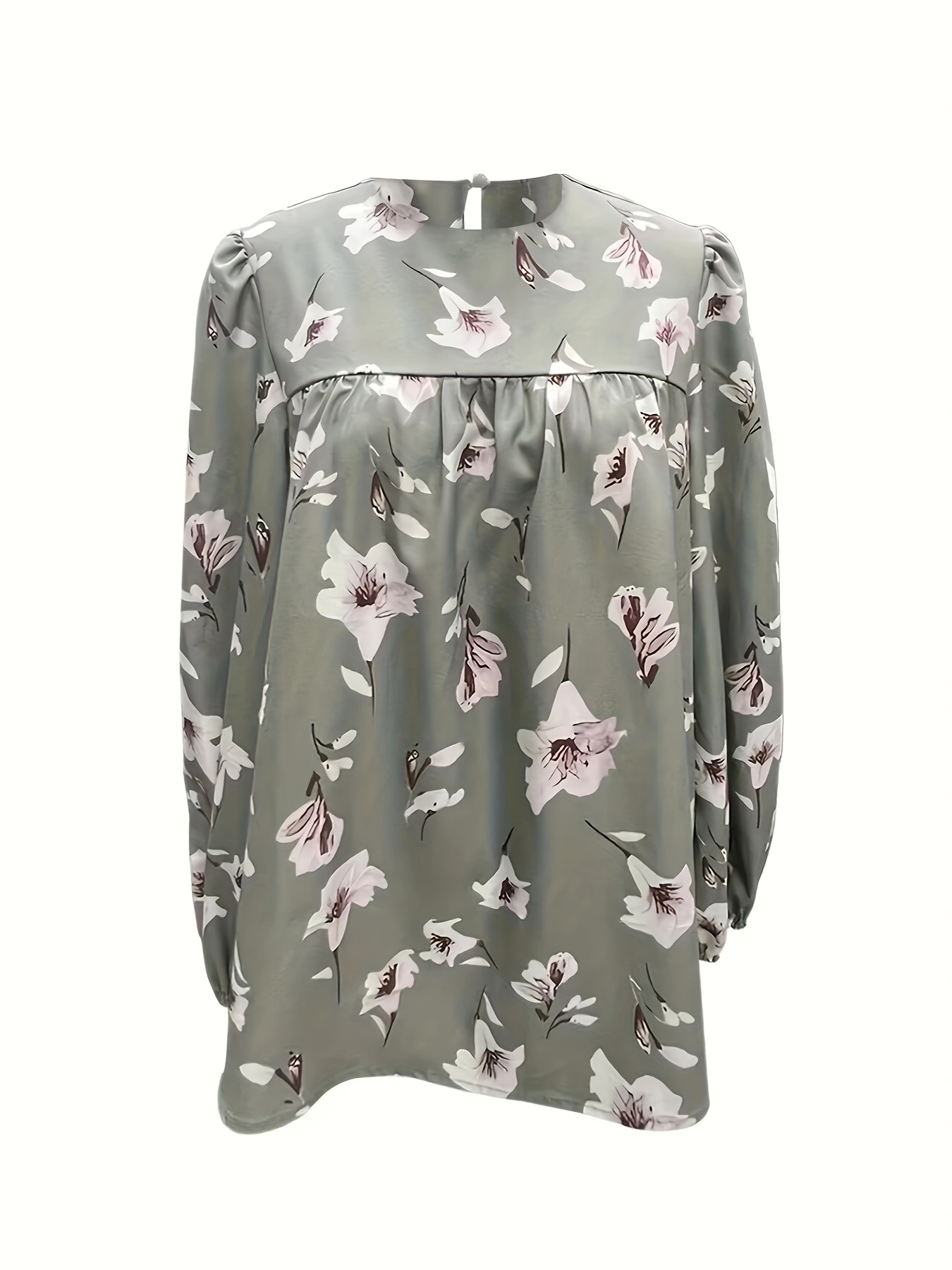Bluză cu gât cu pliuri cu imprimeu floral, bluză casual cu mânecă lungă pentru primăvară și toamnă, îmbrăcăminte pentru femei