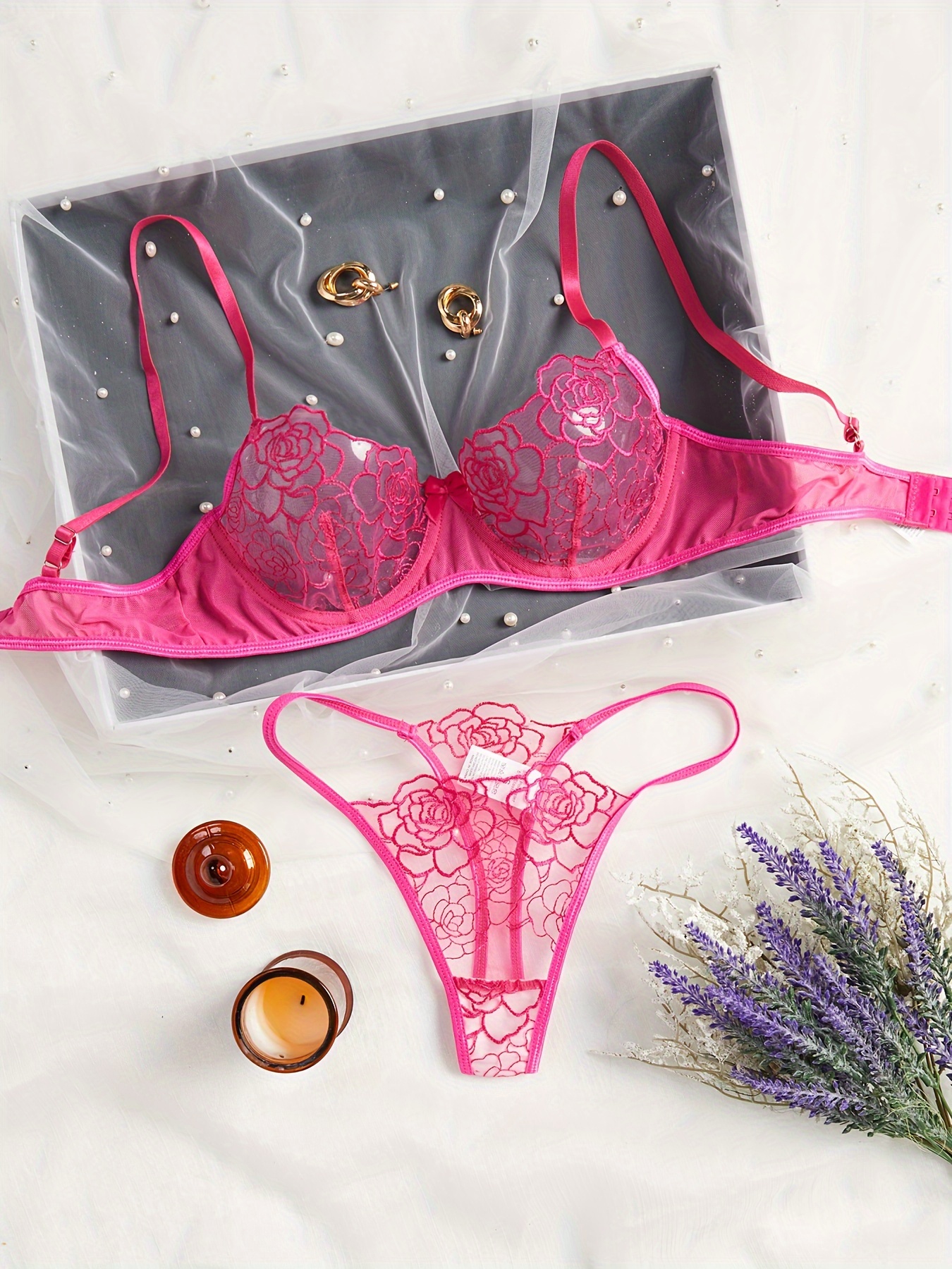 Fashion Women's Underwear Pink Lace Embroidery Lingerie Set Sexy