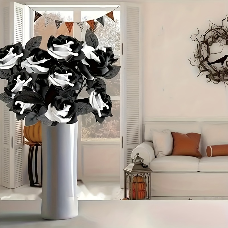 9pcs Black Rose Artificial Flowers, Single Stemmed False Fabric Flower Bridal Bouquet, Realistic Flowers For Parties, Halloween Christmas And Valentine's Day Decorations (black And White)