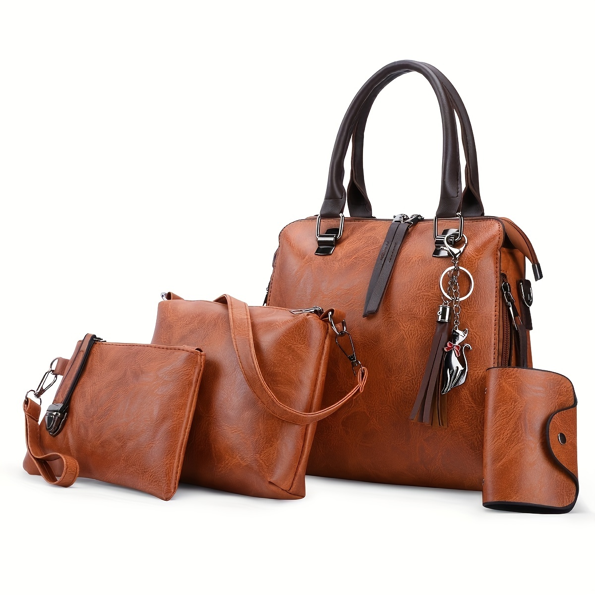 Pu Leather Handbag Set Tassel Decor Satchel Purse Fashion - Temu