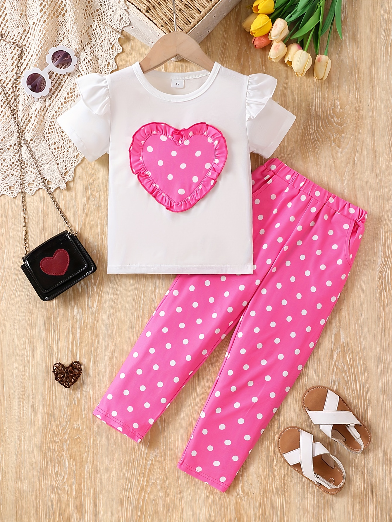 Teen Girls Summer Fashion Outfits Cotton Short Sleeve Heart Tshirt + Pants  Rainbow Casual Style - PuppetBox