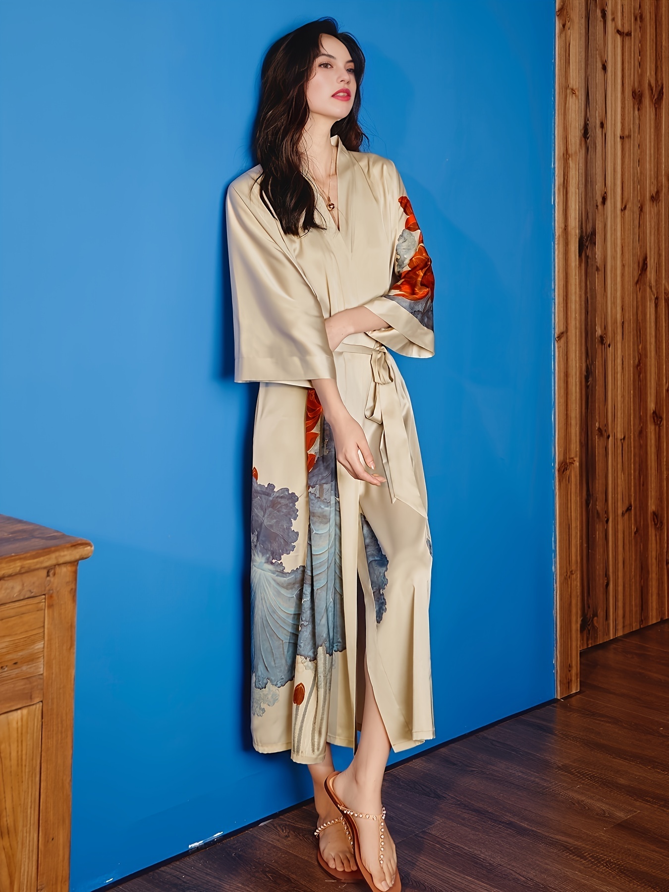 Kimono Robes Women Long Satin Robe Floral Robes Kimonos - Temu