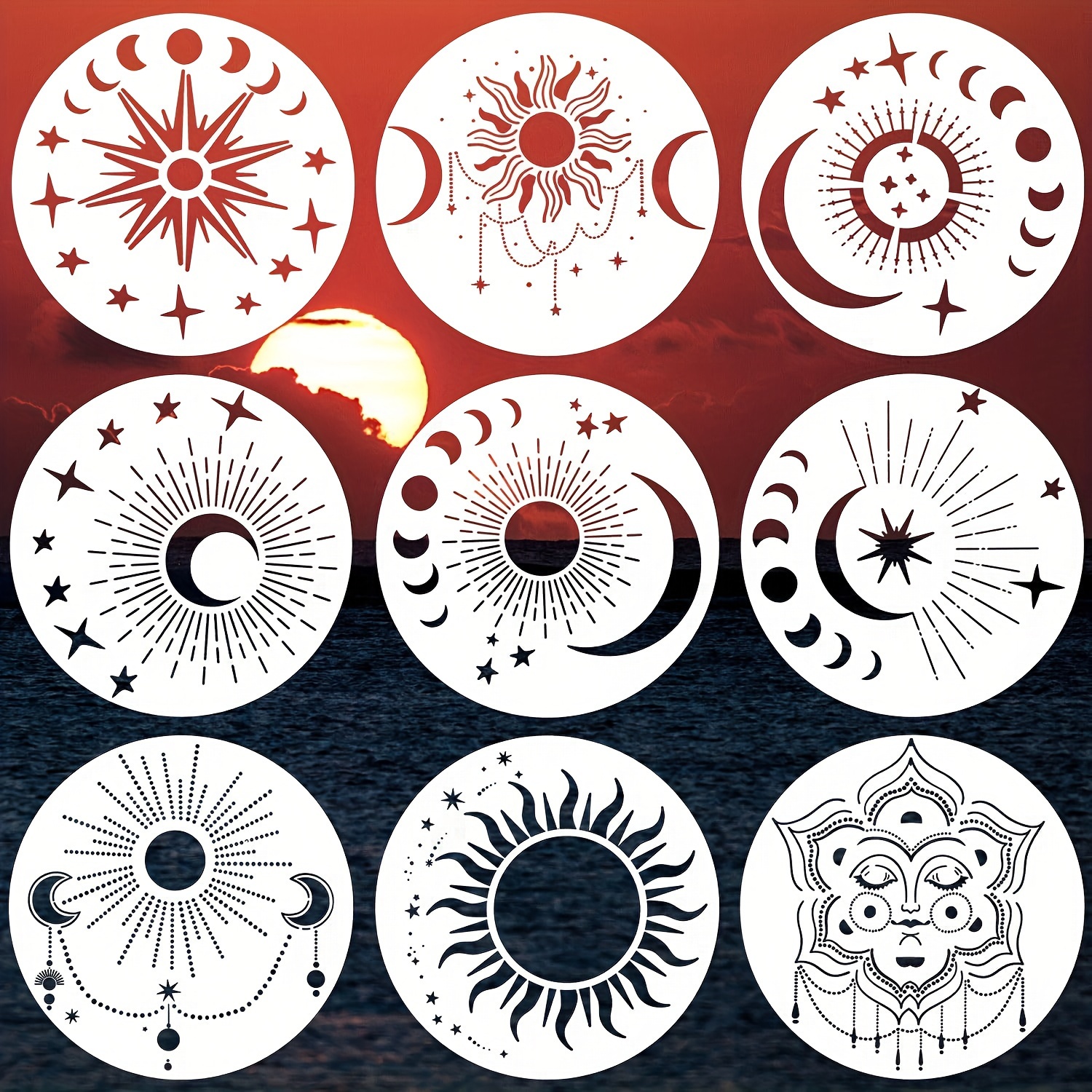 9 Pieces Mandala Sun and Moon Stencil Moon Sun Algeria