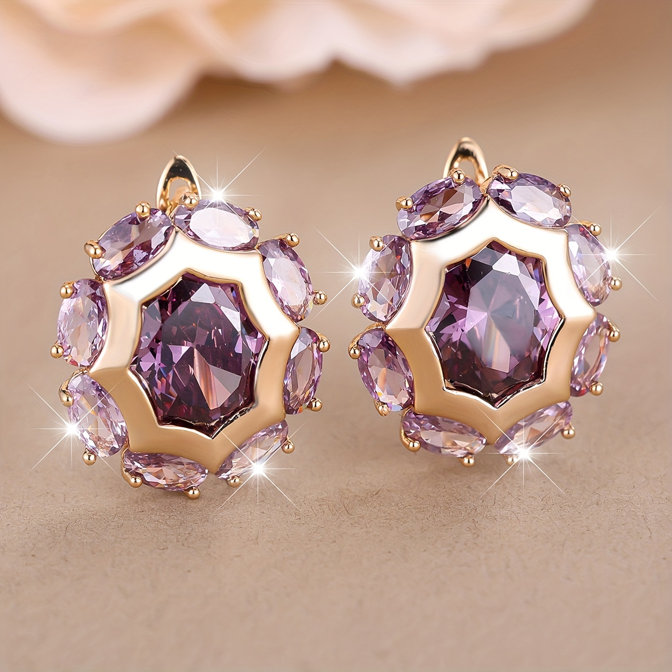 

1 Pair Style Purple Hexagon Earrings, Gold-tone Copper With Synthetic Zirconia, Fashion Ear Cuffs For Women, Party & Festival Celebrations, Wear