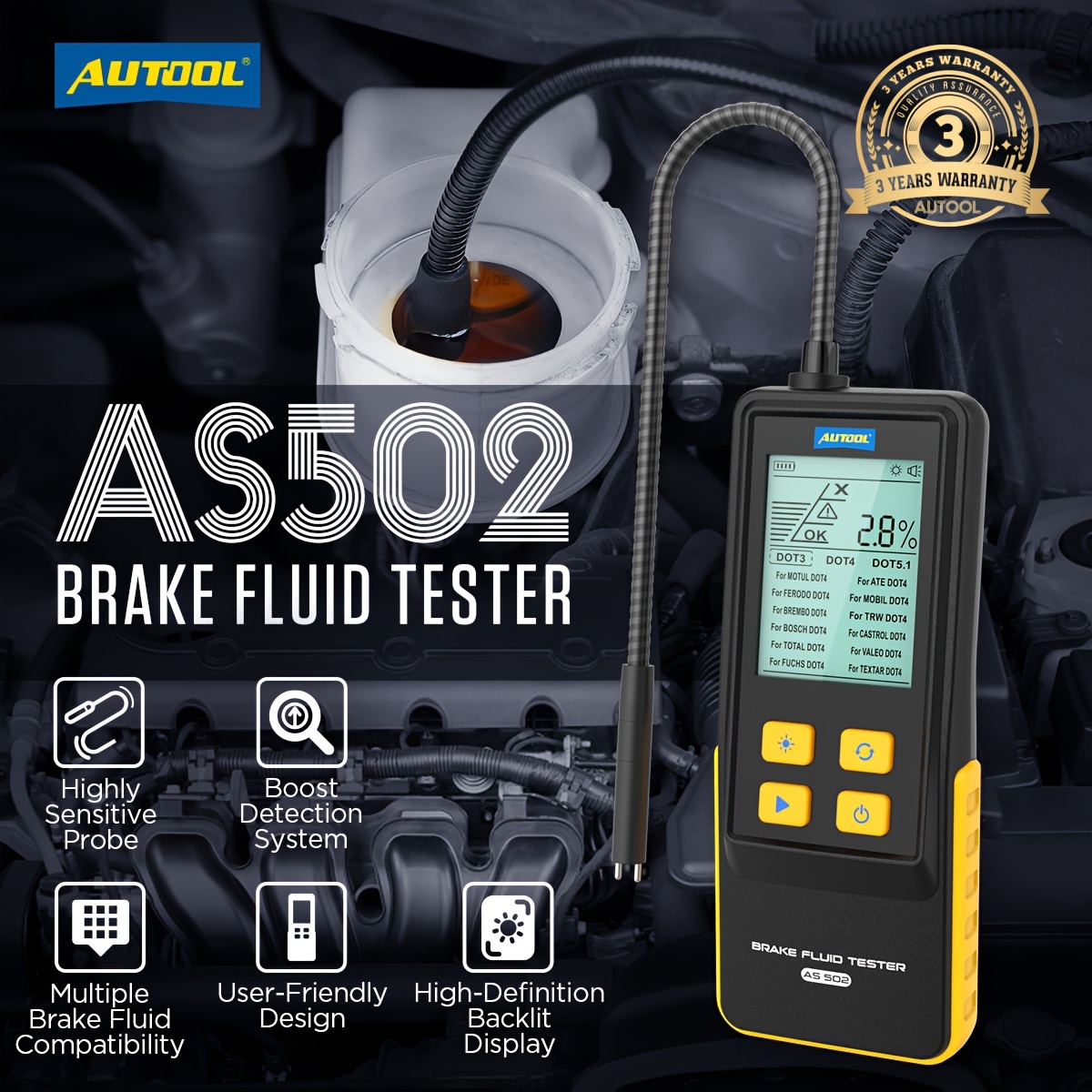 AUTOOL AS502 Universal Car Brake Fluid Liquid Oil Tester, 2.8 inch LCD Brake  Fluid Tester for DOT3 DOT4 DOT5.1 