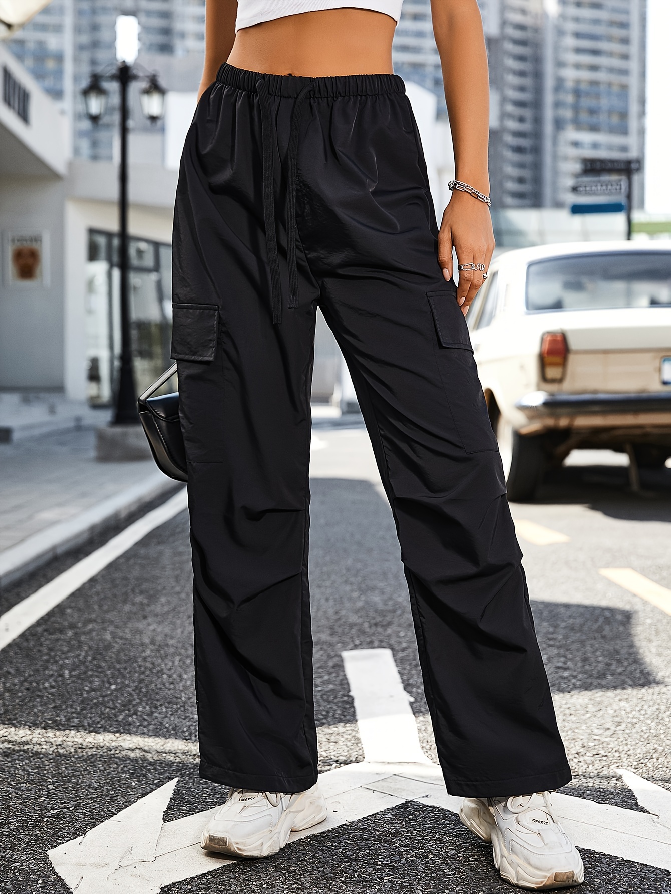 Women Baggy Cargo Pants, Loose Side Big Pockets Solid Color Casual Long  Sports Trousers