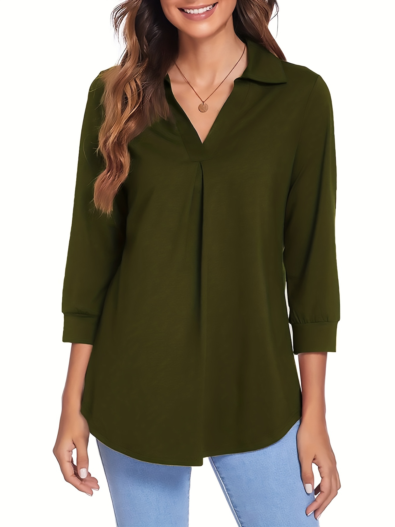 Solid Simple Blouse Casual V Neck Long Sleeve Blouse Women's - Temu