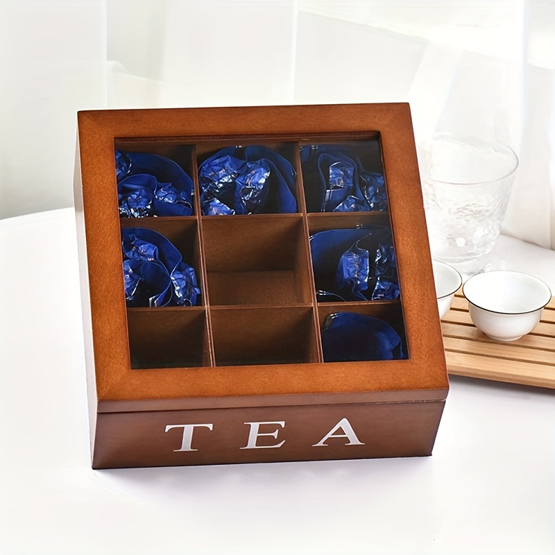 

1pc Tea Box Organizer Wood Tea Storage Box With Visible Lid Decorative Jewelry Storage Box Drawer Organizer Retro Tea Holder Rack Storage Container For Kitchen Cabinets Countertops, Black