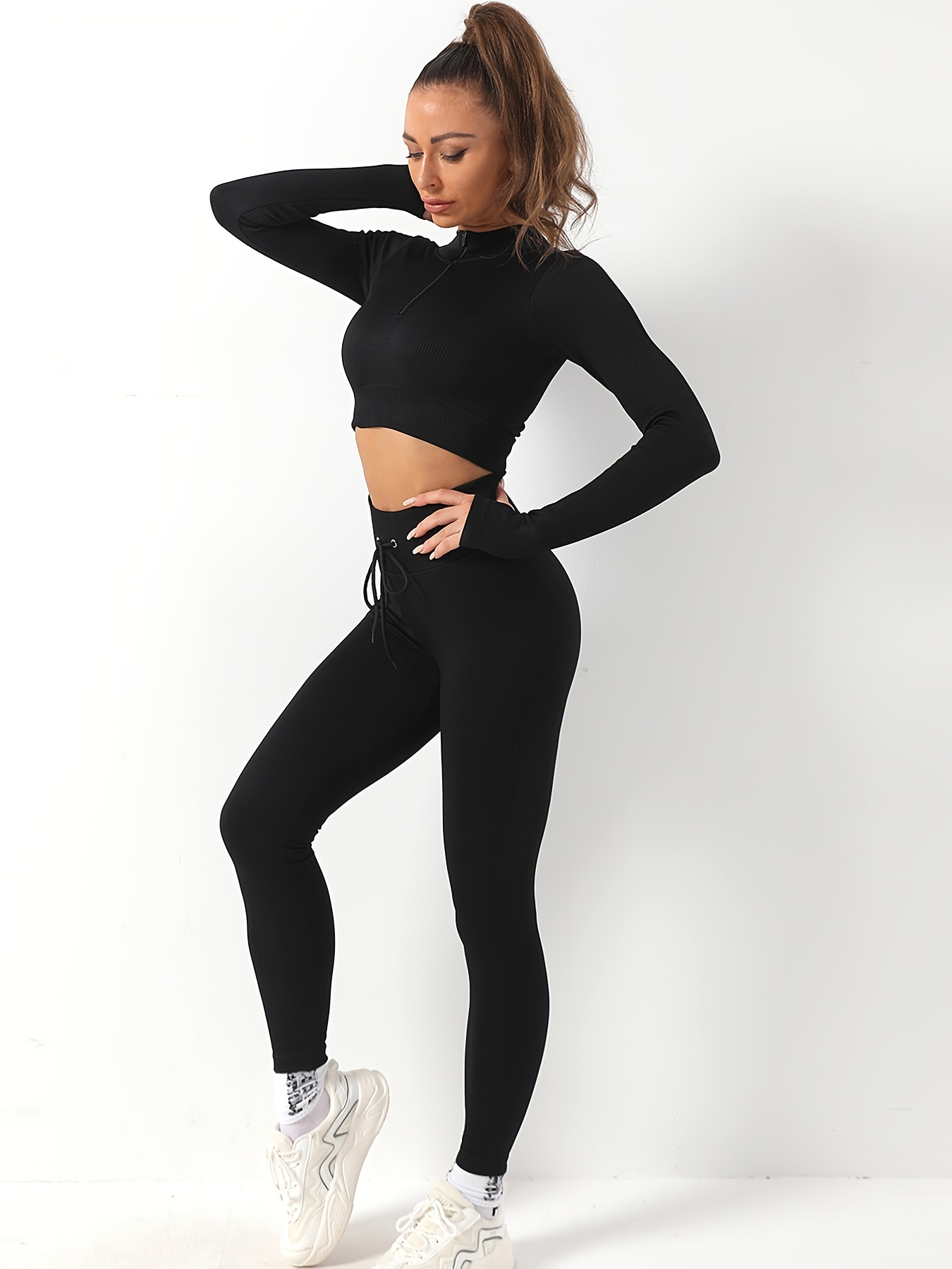 Women's High Waisted Fitness Cardio Leggings with Drawstring - Black