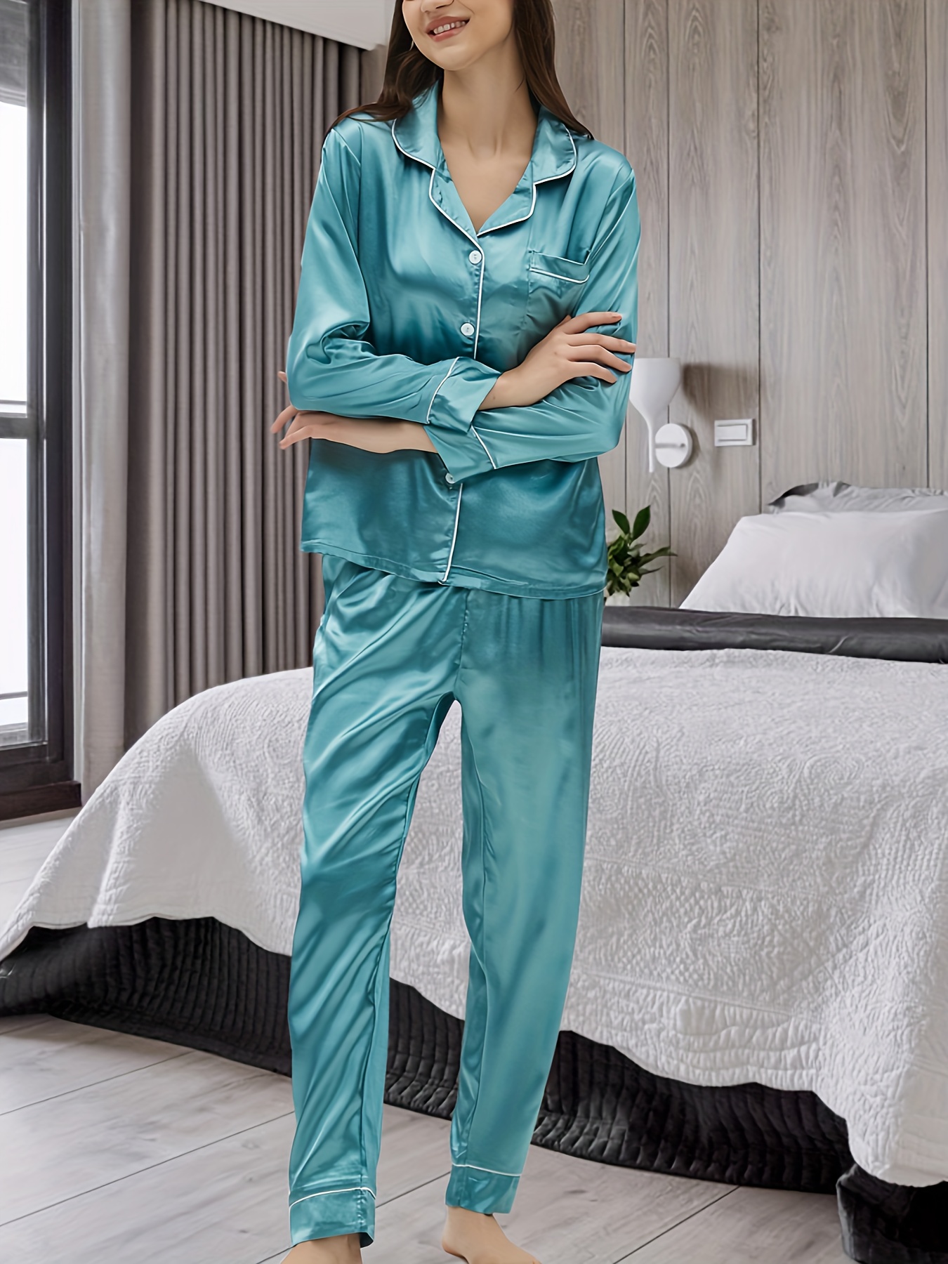 Solid Satin Pajama Set Long Sleeve Buttons Top Elastic - Temu