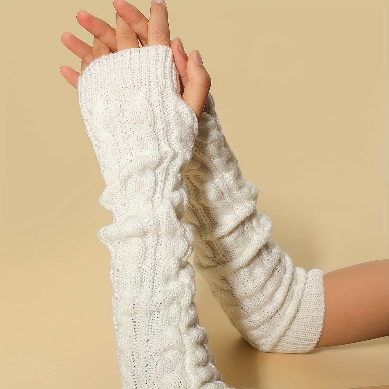 

Ribbed Knitted Mid-length Gloves Warm Sleeves Solid Color Elastic Fingerless Gloves Casual Warm Knit Gloves For Women