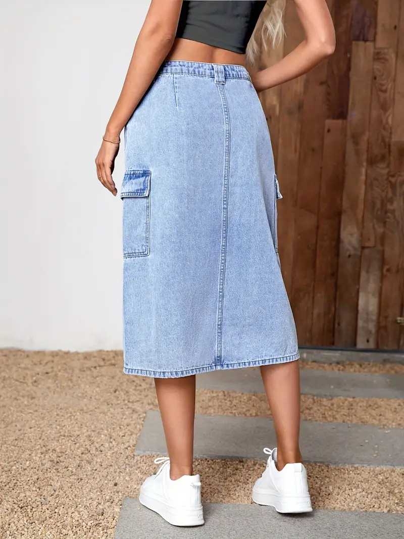 Front Split Multi Flap Pocket Midi Denim Skirt, Double Button Solid Color  Washed Blue Cargo Skirt, Women's Denim Jeans & Clothing