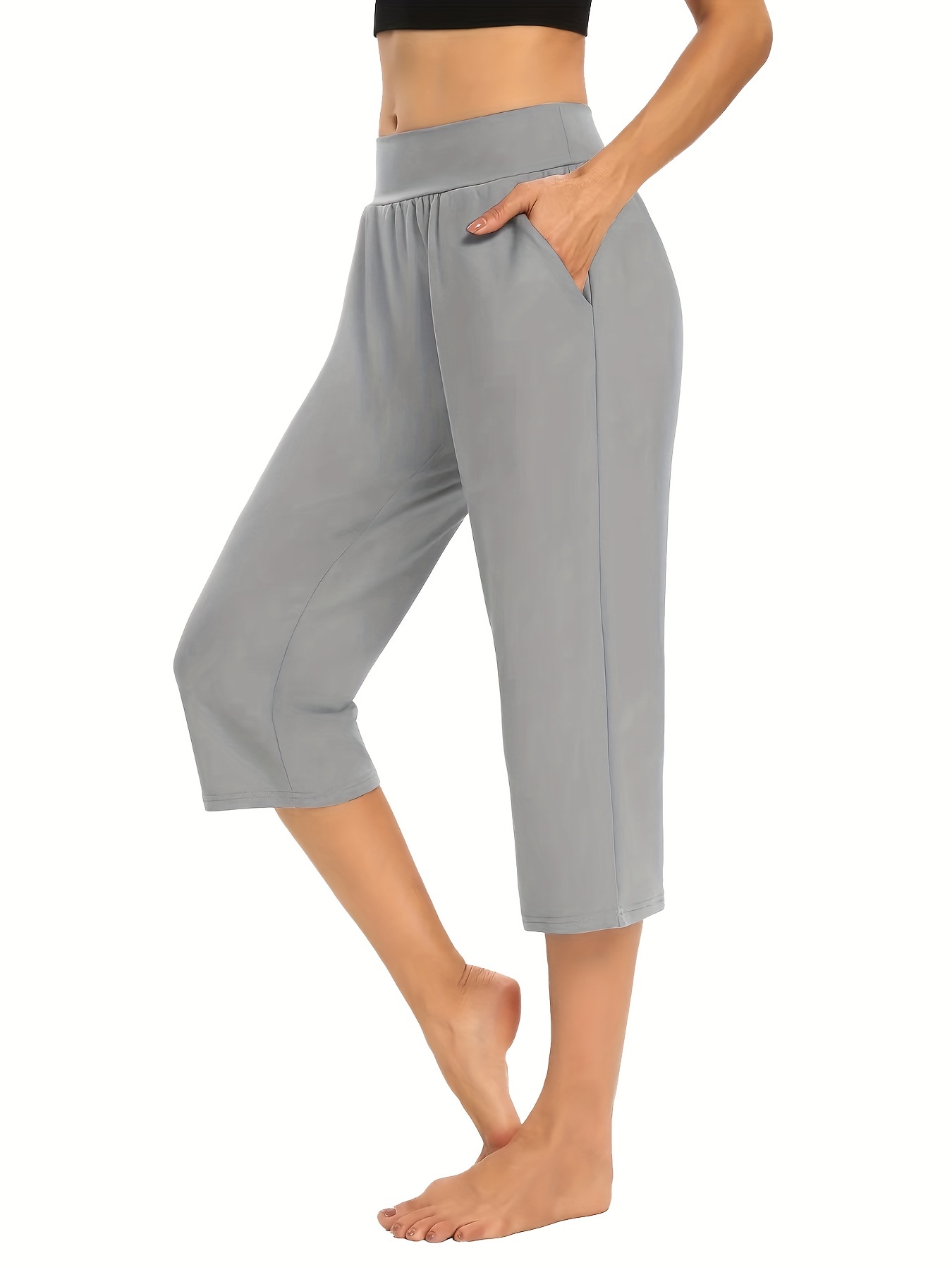 KIHOUT Pants For Women Deals Summer Casual Loose Pockest Elastic Waist  Solid Trousers Capris Pants 