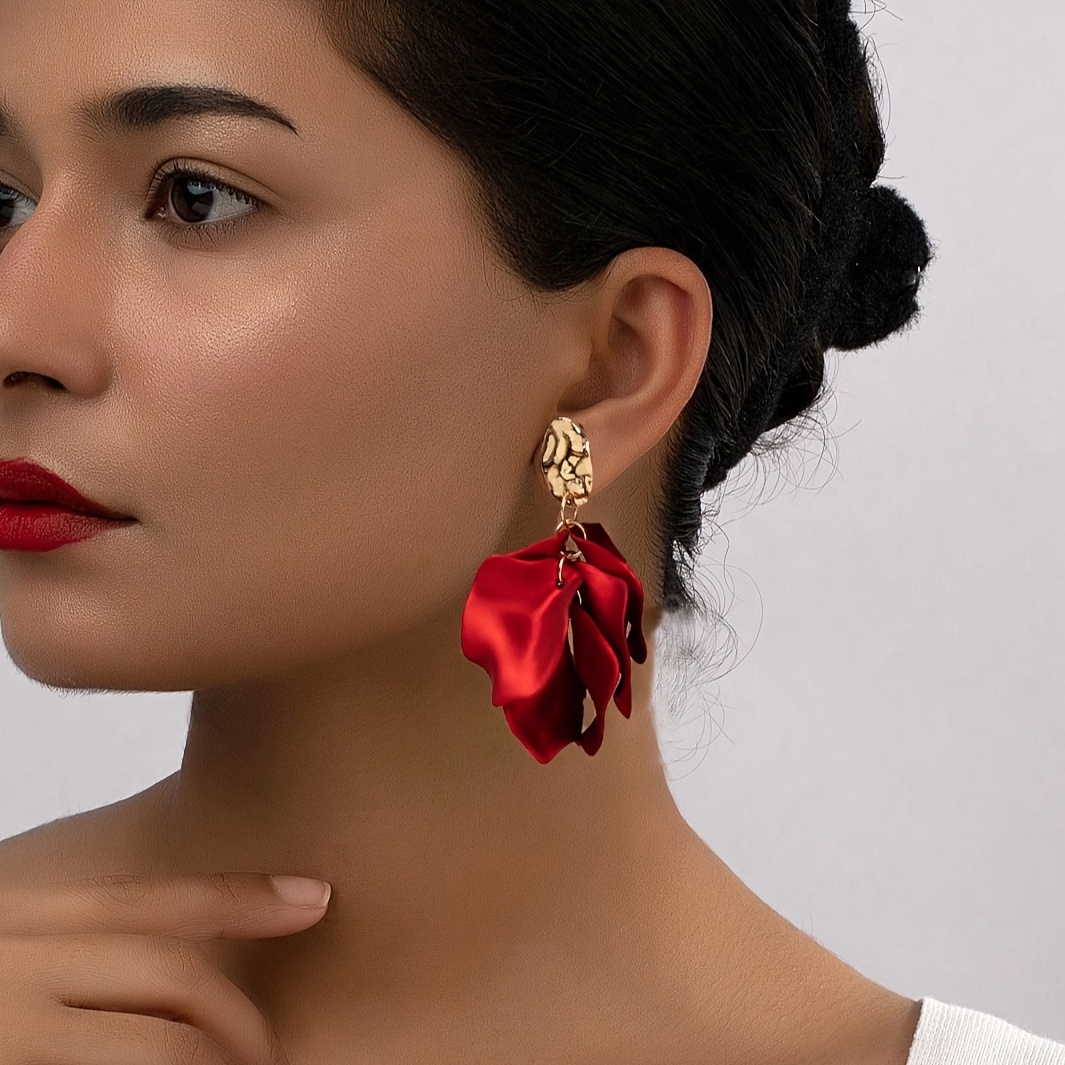 

Red Flower Petal Design Dangle Earrings Bohemian Elegant Style 14k Gold Plated Jewelry Vacation Ear Ornaments Statement Earrings